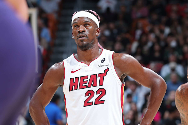 MIAMI, FL - JANUARY 1:Jimmy Butler #22 of the Miami Heat looks on during the game against the New Orleans Pelicans on January 1, 2025 at Kaseya Center in Miami, Florida. NOTE TO USER: User expressly acknowledges and agrees that, by downloading and or using this Photograph, user is consenting to the terms and conditions of the Getty Images License Agreement. Mandatory Copyright Notice: Copyright 2024 NBAE (Photo by Jeff Haynes/NBAE via Getty Images)