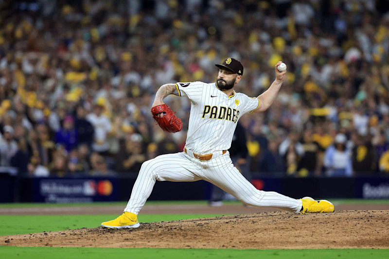 SAN DIEGO, CALIFORNIA - OCTOBER 08: Tanner Scott #66 of the San Diego Padres pitches in the eighth inning against the Los Angeles Dodgers during Game Three of the Division Series at Petco Park on October 08, 2024 in San Diego, California. (Photo by Sean M. Haffey/Getty Images)