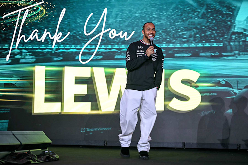 British Formula One driver Lewis Hamilton takes part in a farewell event for the Mercedes F1 Team at the Kuala Lumpur Convention Centre in Kuala Lumpur on December 10, 2024, before he races with Ferrari next season. (Photo by MOHD RASFAN / AFP) (Photo by MOHD RASFAN/AFP via Getty Images)