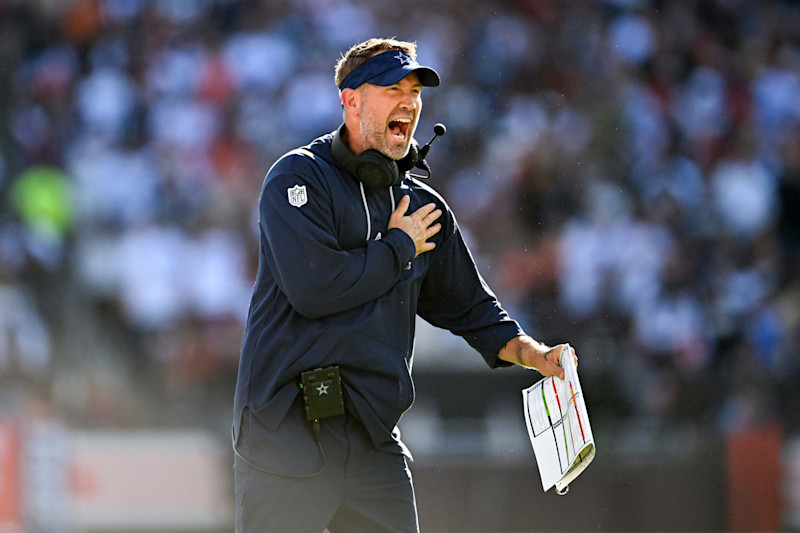 CLEVELAND, OHIO - SEPTEMBER 08: Offensive coordinator Brian Schottenheimer of the Dallas Cowboys celebrates a 3-yard touchdown run by Ezekiel Elliott during the second quarter against the Cleveland Browns at Huntington Bank Field on September 08, 2024 in Cleveland, Ohio. (Photo by Nick Cammett/Diamond Images via Getty Images)