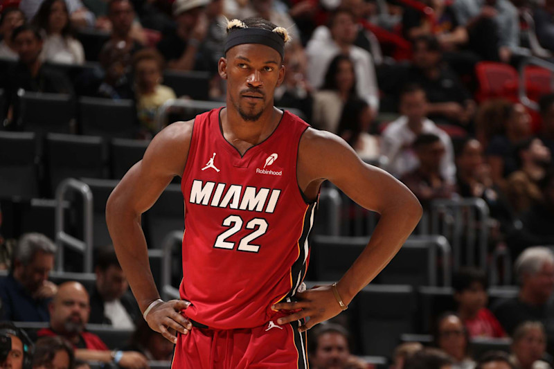 MIAMI, FL - JANUARY 21:  Jimmy Butler #22 of the Miami Heat during the game against the Portland Trail Blazers on January 21, 2025 at Kaseya Center in Miami, Florida. NOTE TO USER: User expressly acknowledges and agrees that, by downloading and or using this Photograph, user is consenting to the terms and conditions of the Getty Images License Agreement. Mandatory Copyright Notice: Copyright 2025 NBAE (Photo by Issac Baldizon/NBAE via Getty Images)