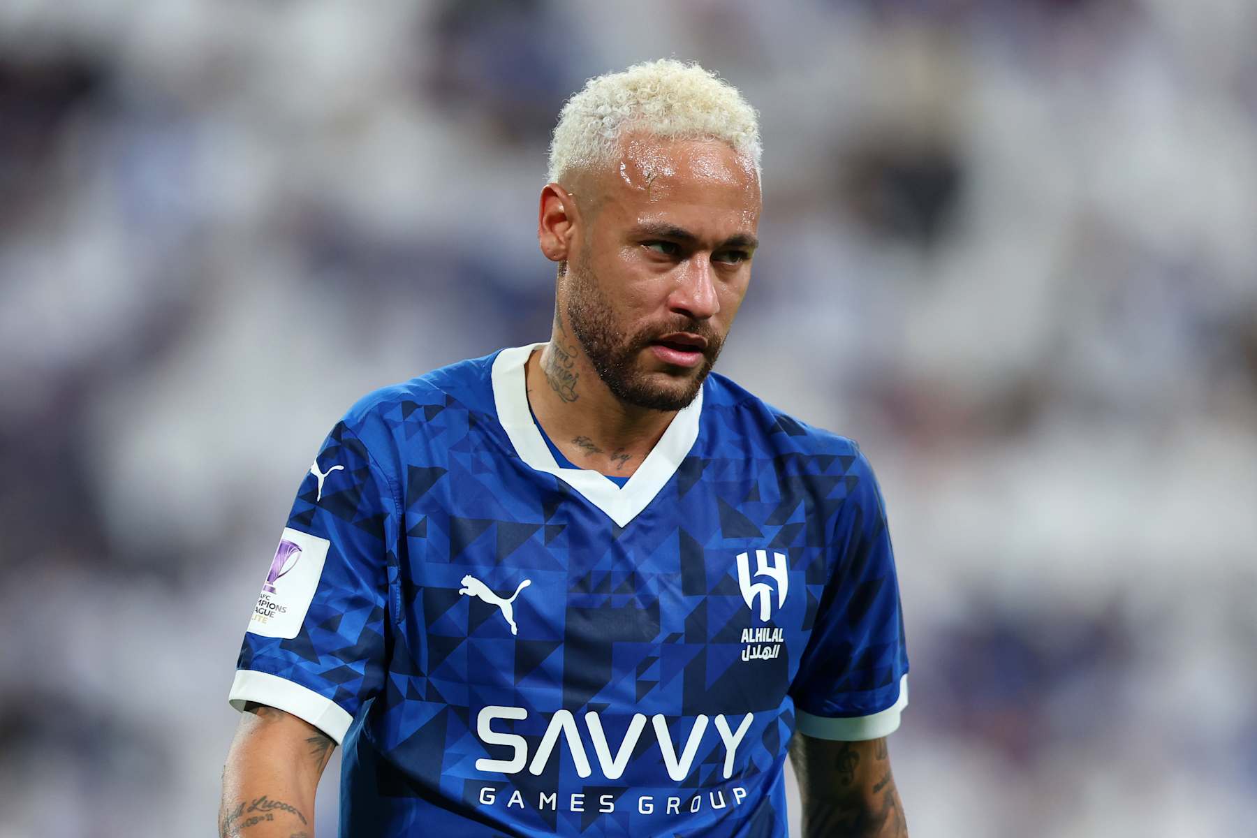 RIYADH, SAUDI ARABIA - NOVEMBER 04: Neymar of Al-Hilal reacts after an injury during the AFC Champions League Elite match between Al-Hilal and Esteghlal at Kingdom Arena on November 04, 2024 in Riyadh, Saudi Arabia. (Photo by Yasser Bakhsh/Getty Images)