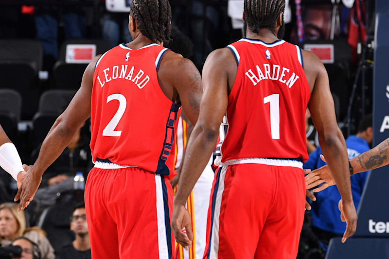 INGLEWOOD, CA - JANUARY 4: Kawhi Leonard #2 and James Harden #1 of the LA Clippers look on during the game against the Atlanta Hawks on January 4, 2025 at Intuit Dome in Los Angeles, California. NOTE TO USER: User expressly acknowledges and agrees that, by downloading and/or using this Photograph, user is consenting to the terms and conditions of the Getty Images License Agreement. Mandatory Copyright Notice: Copyright 2025 NBAE (Photo by Juan Ocampo/NBAE via Getty Images)