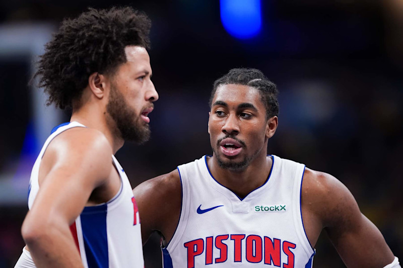 INDIANAPOLIS, INDIANA - NOVEMBER 29: Cade Cunningham #2 and Jaden Ivey #23 of the Detroit Pistons meet in the third quarter against the Indiana Pacers of the Emirates NBA Cup game at Gainbridge Fieldhouse on November 29, 2024 in Indianapolis, Indiana. NOTE TO USER: User expressly acknowledges and agrees that, by downloading and or using this photograph, User is consenting to the terms and conditions of the Getty Images License Agreement. (Photo by Dylan Buell/Getty Images)