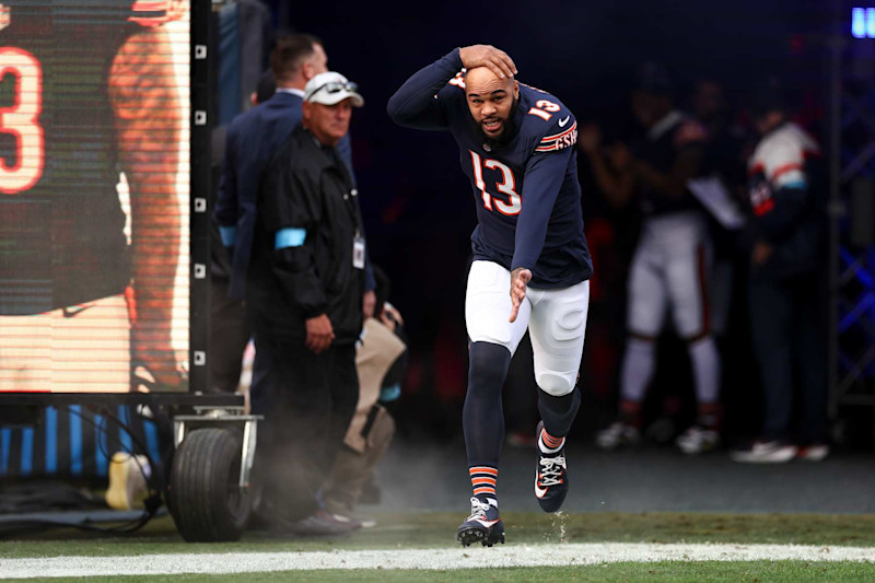 CHICAGO, ILLINOIS - NOVEMBER 17: Keenan Allen #13 of the Chicago Bears runs onto the field prior to an NFL football game against the Green Bay Packers at Soldier Field on November 17, 2024 in Chicago, Illinois. (Photo by Kevin Sabitus/Getty Images)