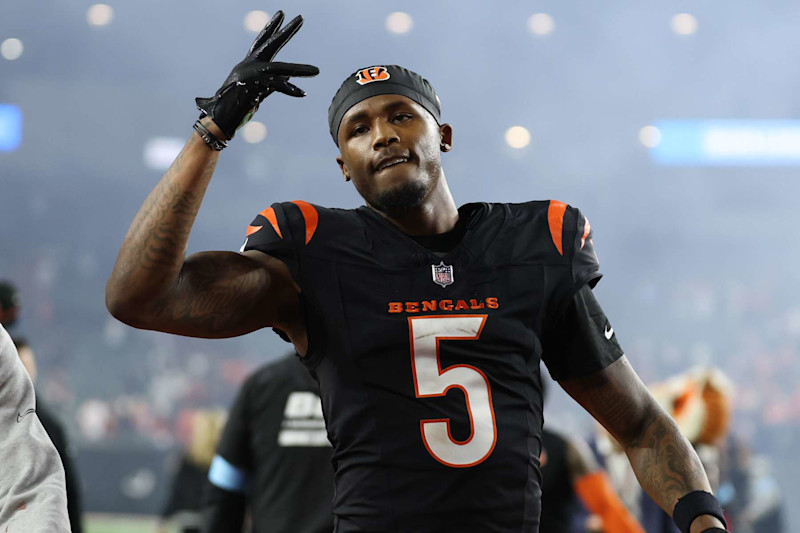 CINCINNATI, OHIO - DECEMBER 28: Tee Higgins #5 of the Cincinnati Bengals reacts after a 30-24 overtime victory against the Denver Broncos at Paycor Stadium on December 28, 2024 in Cincinnati, Ohio. (Photo by Andy Lyons/Getty Images)