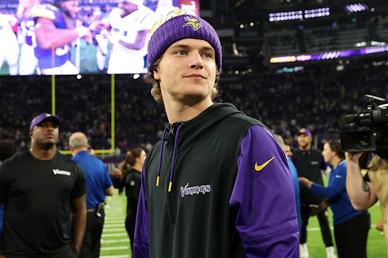 MINNEAPOLIS, MINNESOTA - NOVEMBER 03: J.J. McCarthy #9 of the Minnesota Vikings looks on after the game against the Indianapolis Colts at U.S. Bank Stadium on November 03, 2024 in Minneapolis, Minnesota. The Vikings defeated the Colts 21-13. (Photo by David Berding/Getty Images)