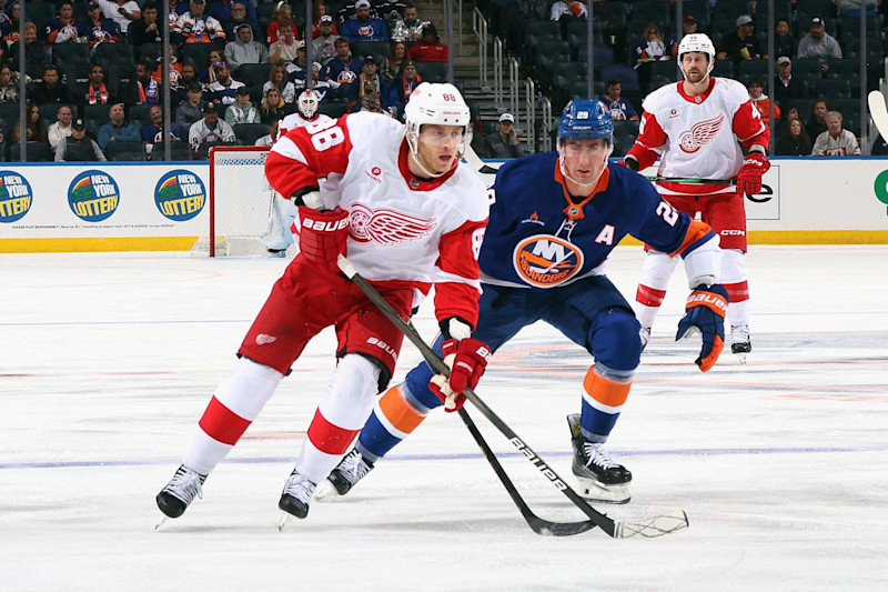 ELMONT, NEW YORK - OCTOBER 22: Patrick Kane #88 of the Detroit Red Wings skates against the New York Islanders at UBS Arena on October 22, 2024 in Elmont, New York. (Photo by Bruce Bennett/Getty Images)