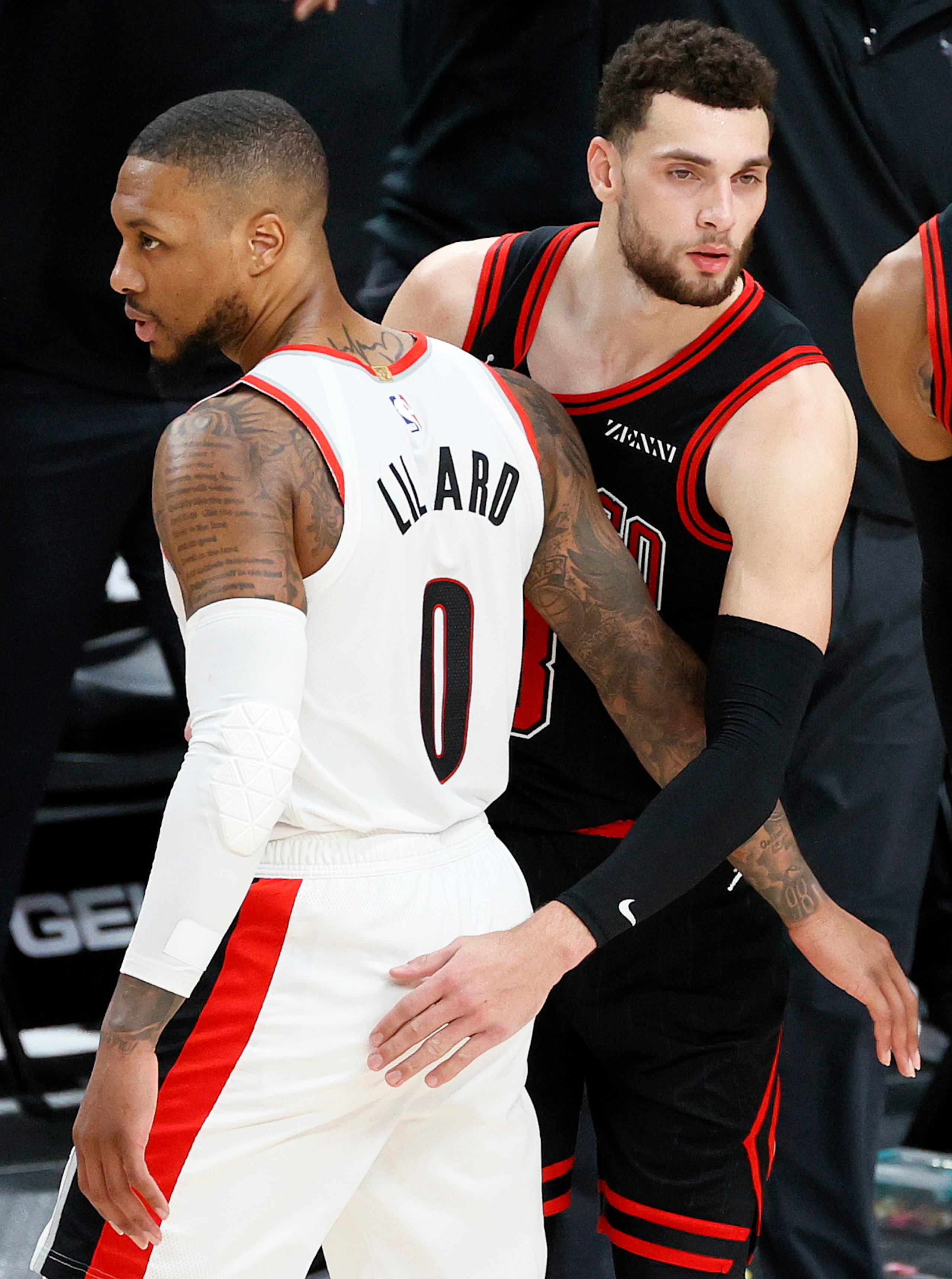 PORTLAND, OREGON - JANUARY 05: Zach LaVine #8 of the Chicago Bulls and Damian Lillard #0 of the Portland Trail Blazers react after the 111-108 victory at Moda Center on January 05, 2021 in Portland, Oregon. NOTE TO USER: User expressly acknowledges and agrees that, by downloading and or using this photograph, User is consenting to the terms and conditions of the Getty Images License Agreement. (Photo by Steph Chambers/Getty Images) PORTLAND, OREGON - JANUARY 05: Zach LaVine #8 of the Chicago Bulls and Damian Lillard #0 of the Portland Trail Blazers react after the 111-108 victory at Moda Center on January 05, 2021 in Portland, Oregon. NOTE TO USER: User expressly acknowledges and agrees that, by downloading and or using this photograph, User is consenting to the terms and conditions of the Getty Images License Agreement. (Photo by Steph Chambers/Getty Images)