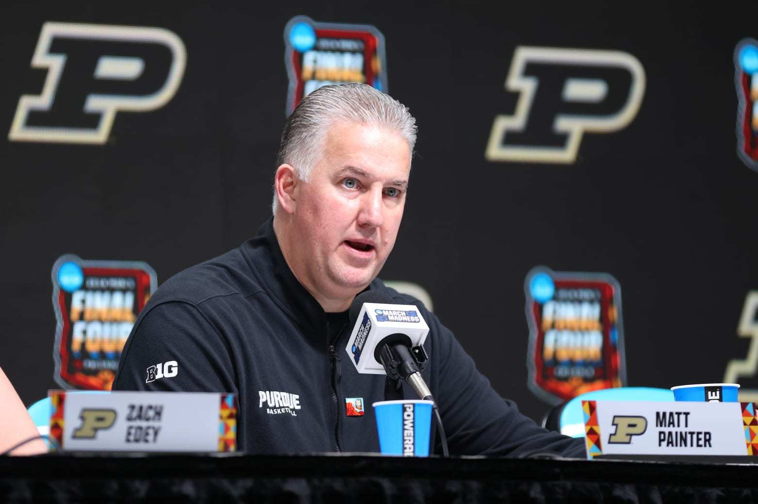 GLENDALE, ARIZONA - APRIL 06: Head coach Matt Painter of the Purdue Boilermakers speaks during the a press conference in the NCAA Men’s Basketball Tournament Final Four semifinal game at State Farm Stadium on April 06, 2024 in Glendale, Arizona. (Photo by Alysa Rubin/NCAA Photos via Getty Images)