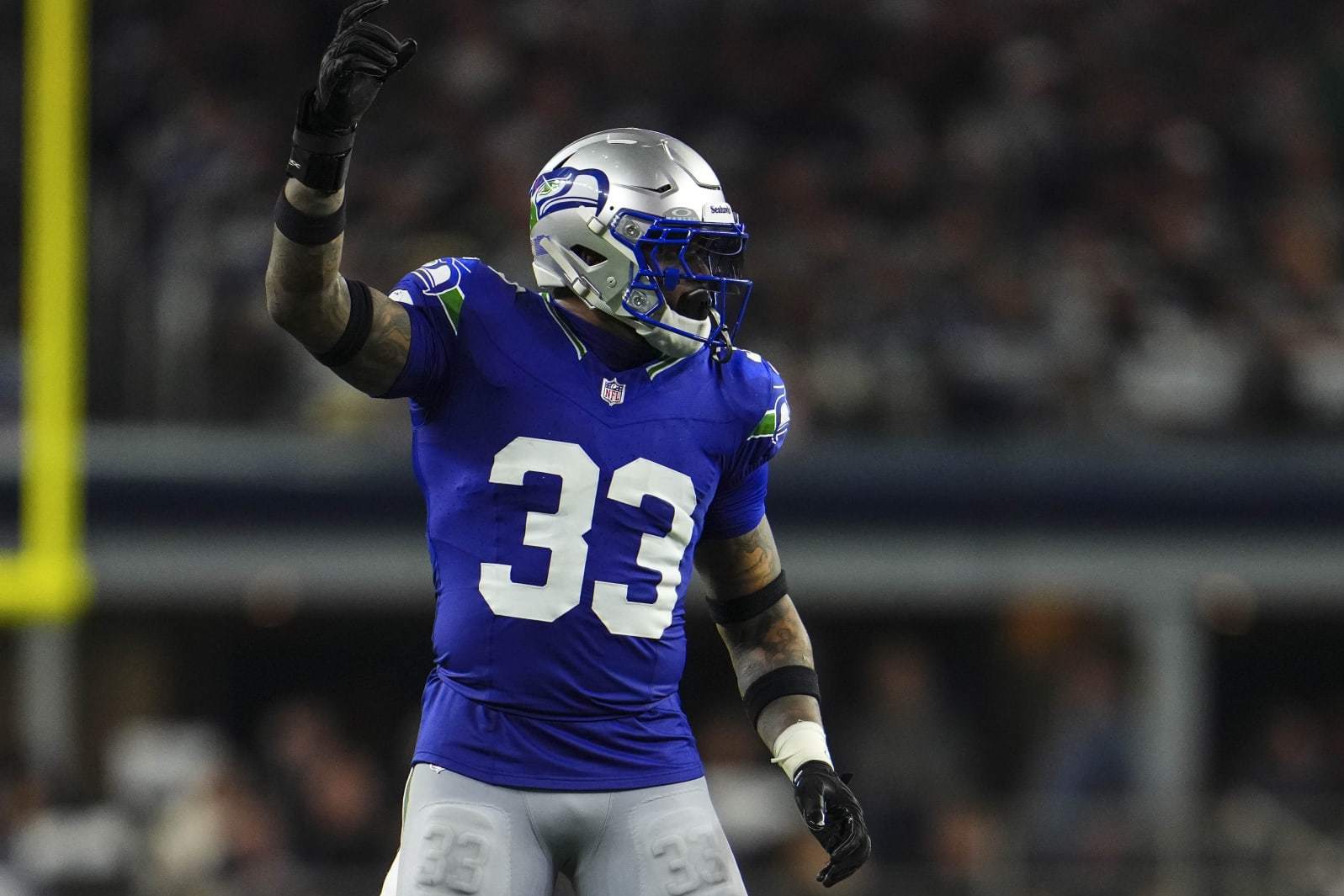 ARLINGTON, TX - NOVEMBER 30: Jamal Adams #33 of the Seattle Seahawks lines up during an NFL football game against the Dallas Cowboys at AT&T Stadium on November 30, 2023 in Arlington, Texas. (Photo by Cooper Neill/Getty Images)