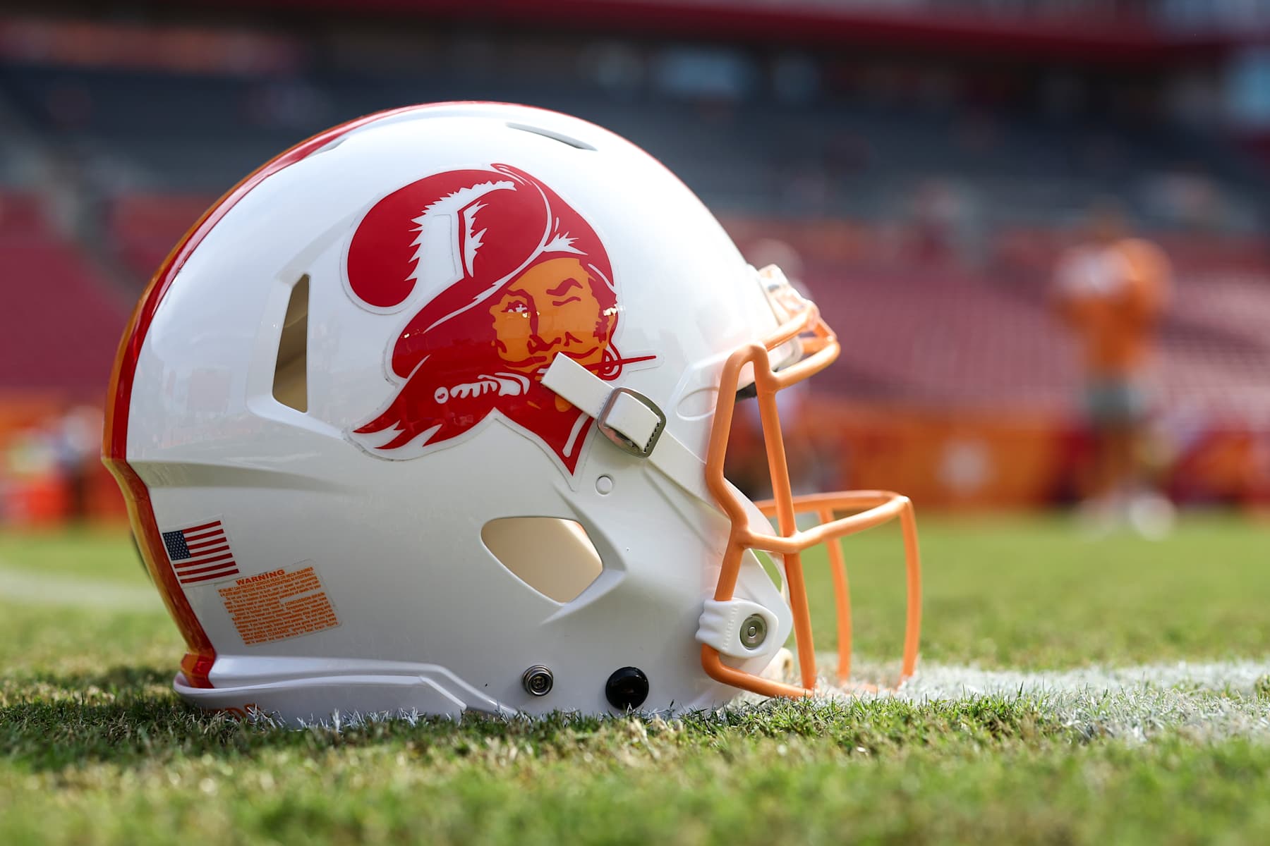 TAMPA, FLORIDA - OCTOBER 27: A detail shot of a throwback Tampa Bay Buccaneers helmet on the field prior to an NFL football game against the Atlanta Falcons at Raymond James Stadium on October 27, 2024 in Tampa, Florida. (Photo by Kevin Sabitus/Getty Images)