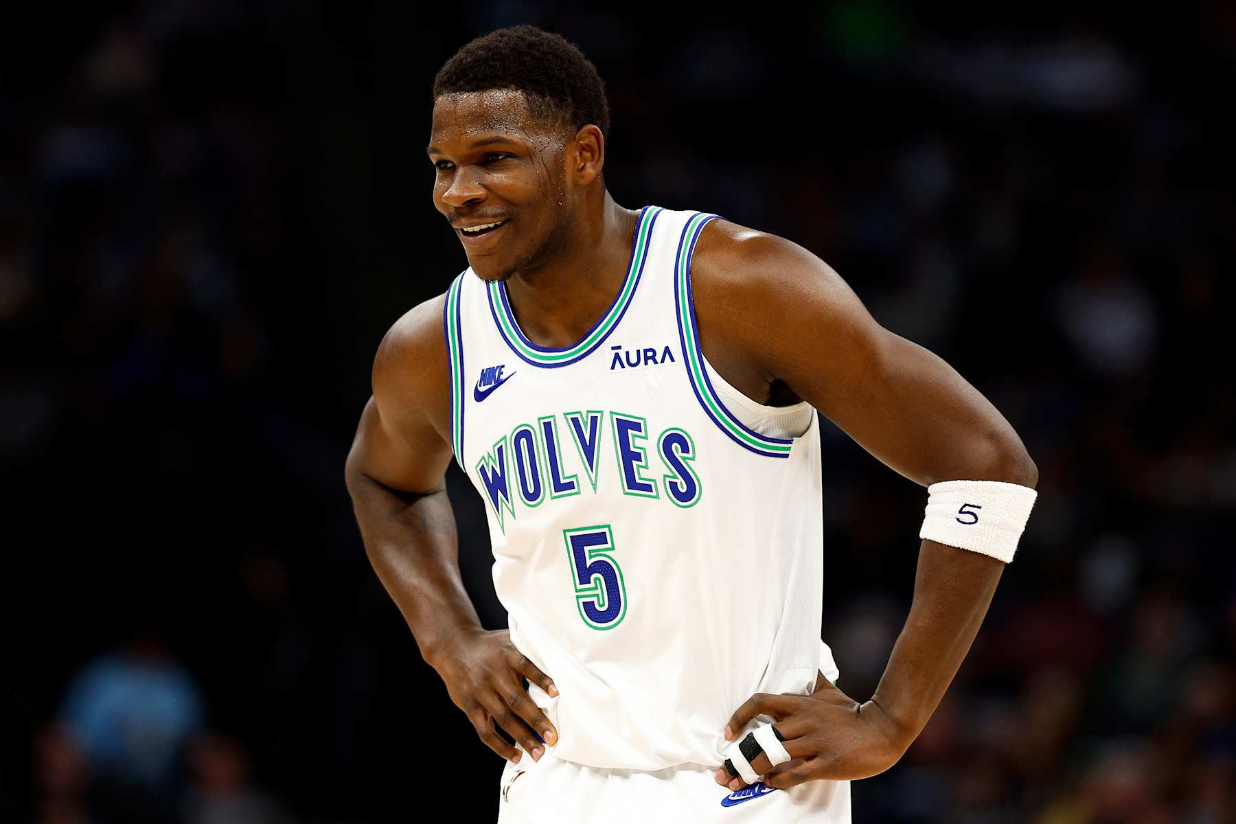 MINNEAPOLIS, MINNESOTA - MARCH 31: Anthony Edwards #5 of the Minnesota Timberwolves looks on against the Chicago Bulls in the first quarter at Target Center on March 31, 2024 in Minneapolis, Minnesota. The Bulls defeated the Timberwolves 109-101. NOTE TO USER: User expressly acknowledges and agrees that, by downloading and or using this photograph, User is consenting to the terms and conditions of the Getty Images License Agreement. (Photo by David Berding/Getty Images)