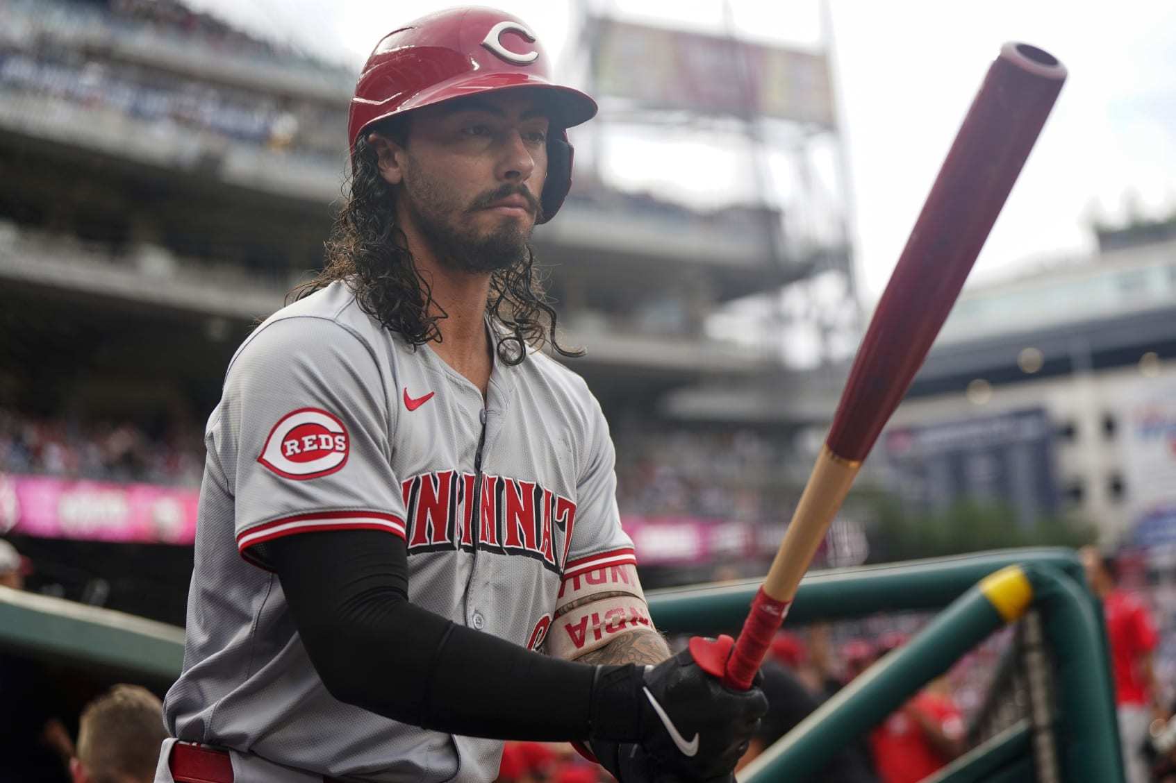 WASHINGTON, DC - JULY 20: Jonathan India #6 of the Cincinnati Reds steps out of the dugout to warm up while on deck to bat against the Washington Nationals during the first inning at Nationals Park on July 20, 2024 in Washington, DC. (Photo by Jess Rapfogel/Getty Images)