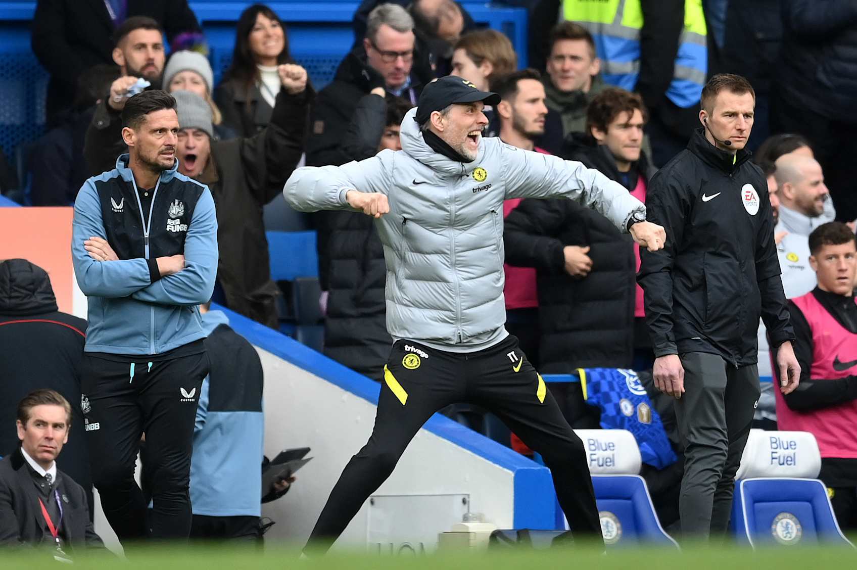 LONDON, ENGLAND - MARCH 13: Thomas Tuchel, Manager of Chelsea reacts after Kai Havertz scores their sides first goal during the Premier League match between Chelsea and Newcastle United at Stamford Bridge on March 13, 2022 in London, England. (Photo by Clive Mason/Getty Images)
