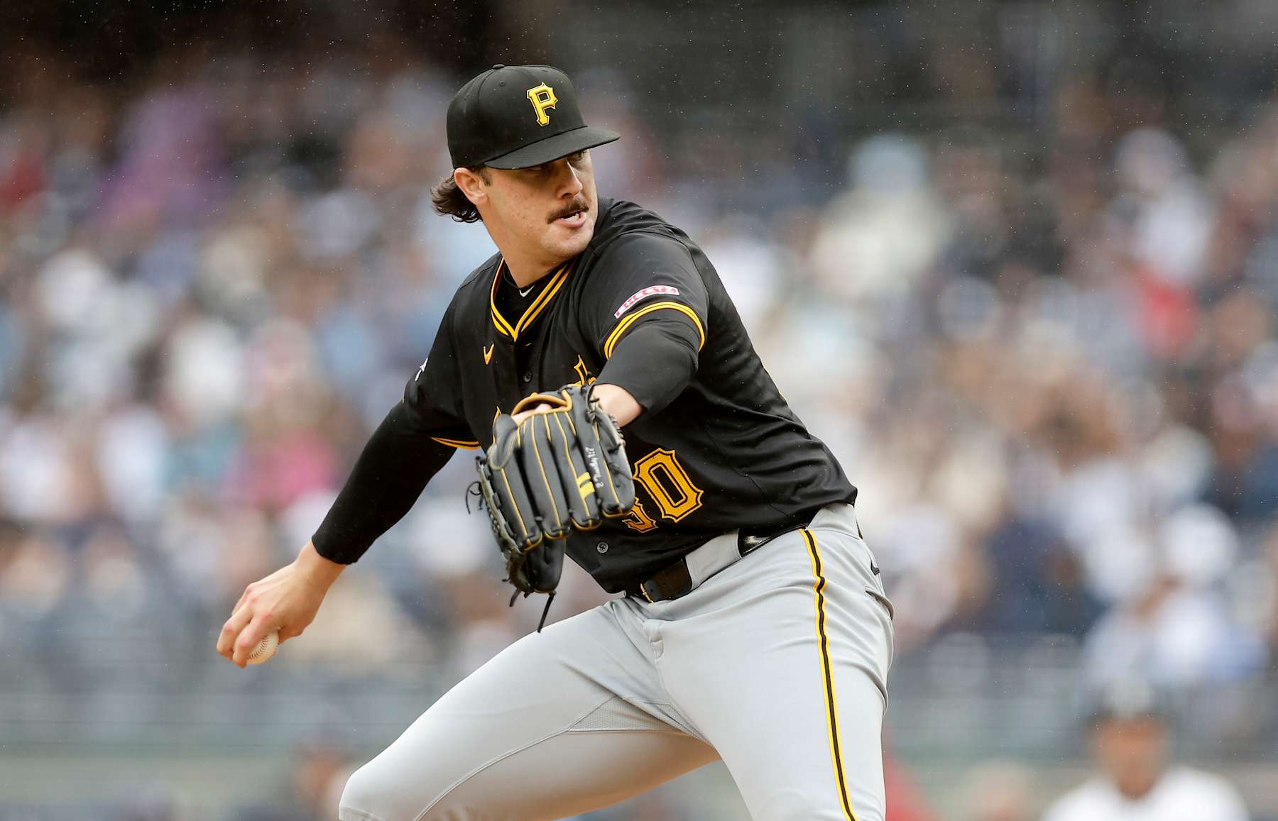 NEW YORK, NEW YORK - SEPTEMBER 28: (NEW YORK DAILIES OUT)  Paul Skenes #30 of the Pittsburgh Pirates in action against the New York Yankees at Yankee Stadium on September 28, 2024 in New York City. The Pirates defeated the Yankees 9-4. (Photo by Jim McIsaac/Getty Images)