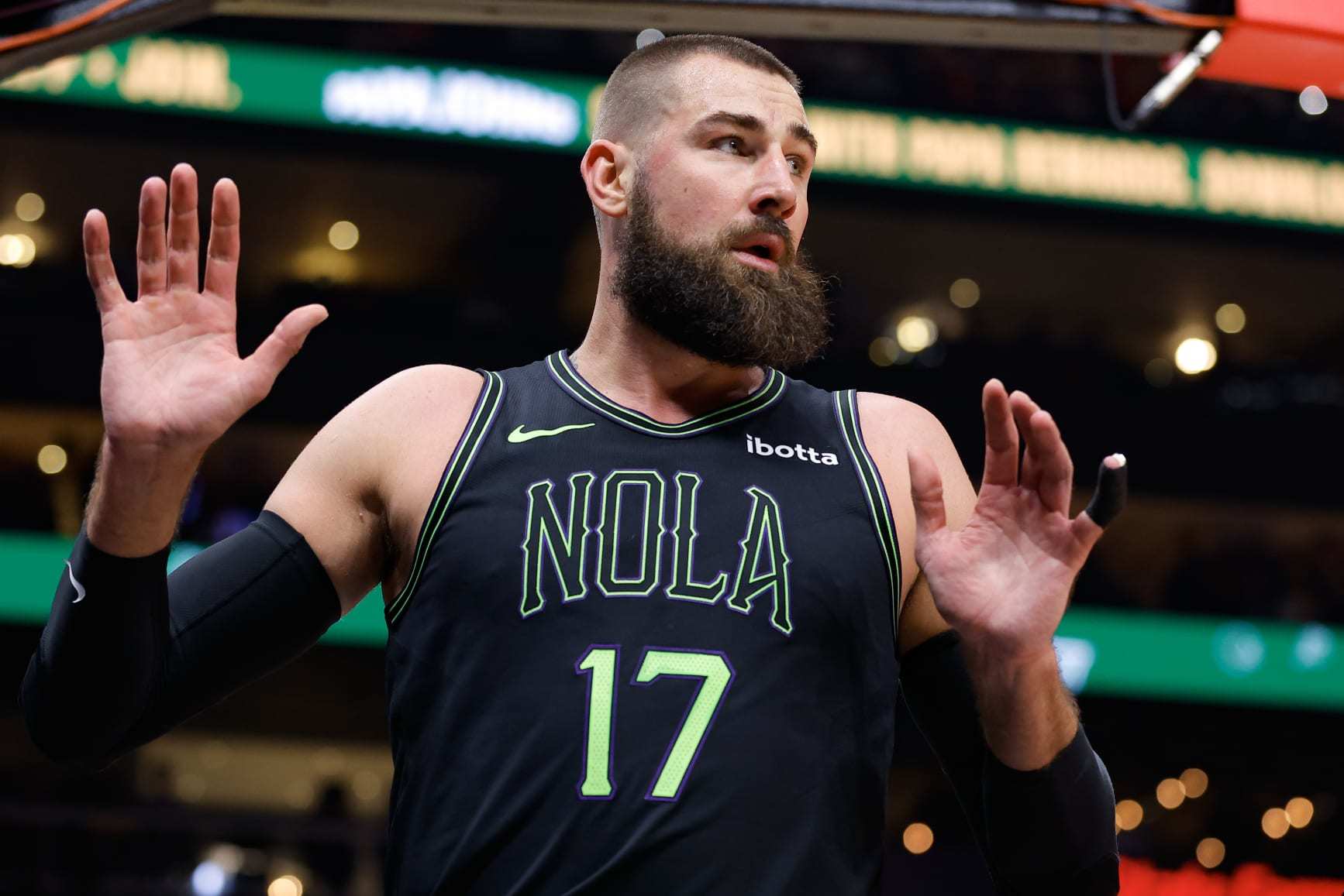 ATLANTA, GEORGIA - MARCH 10: Jonas Valanciunas #17 of the New Orleans Pelicans reacts during the second quarter against the Atlanta Hawks at State Farm Arena on March 10, 2024 in Atlanta, Georgia. NOTE TO USER: User expressly acknowledges and agrees that, by downloading and or using this photograph, User is consenting to the terms and conditions of the Getty Images License Agreement. (Photo by Todd Kirkland/Getty Images)
