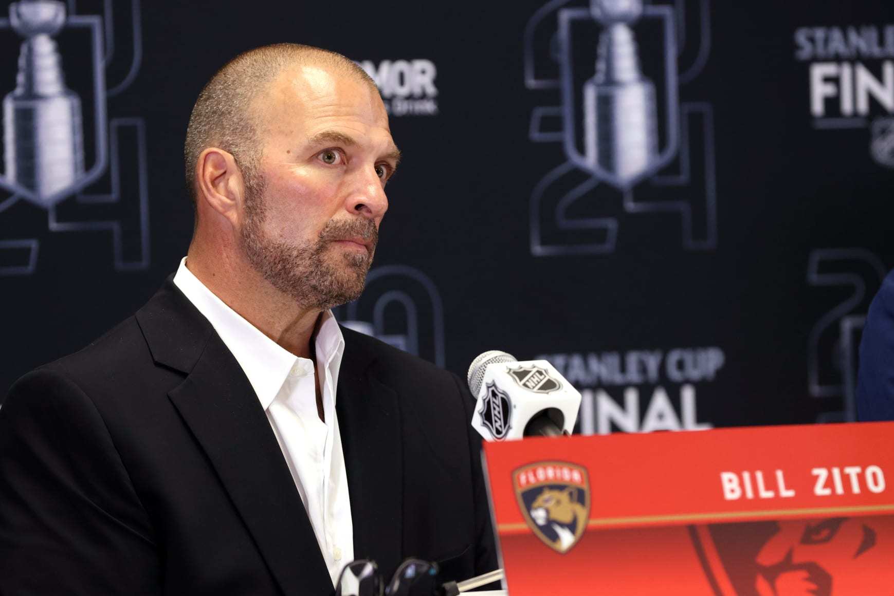 SUNRISE, FLORIDA - JUNE 07: General manager Bill Zito of the Florida Panthers speaks to the media during Media Day prior to the 2024 Stanley Cup Final at Amerant Bank Arena on June 07, 2024 in Sunrise, Florida. (Photo by Dave Sandford/NHLI via Getty Images)
