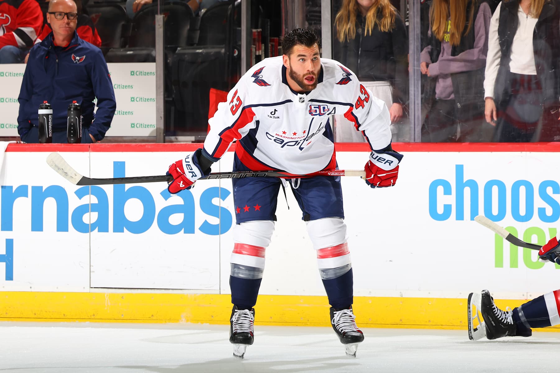 NEWARK, NJ - OCTOBER 19: Tom Wilson #43 of the Washington Capitals warms up prior to the game against the New Jersey Devils at the Prudential Center on October 19, 2024 in Newark, New Jersey.  (Photo by Rich Graessle/NHLI via Getty Images)