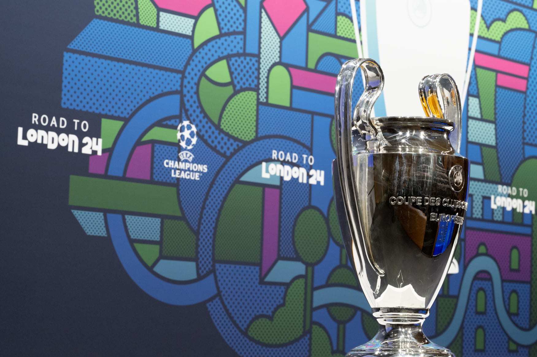 NYON, SWITZERLAND - MARCH 15: A detailed view of the UEFA Champions League trophy during the UEFA Champions League 2023/24 Quarter-finals And Semi-finals Draw at the UEFA Headquarters, The House of the European Football, on March 15, 2024 in Nyon, Switzerland (Photo by Kristian Skeie - UEFA/UEFA via Getty Images)