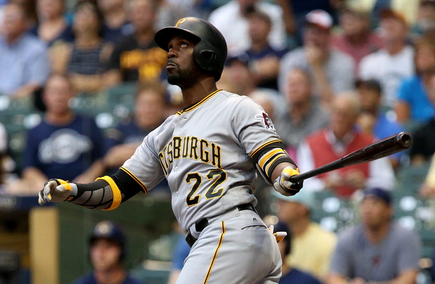 MILWAUKEE, WI - AUGUST 25:  Andrew McCutchen #22 of the Pittsburgh Pirates hits a home run in the first inning against the Milwaukee Brewers at Miller Park on August 25, 2016 in Milwaukee, Wisconsin. (Photo by Dylan Buell/Getty Images)