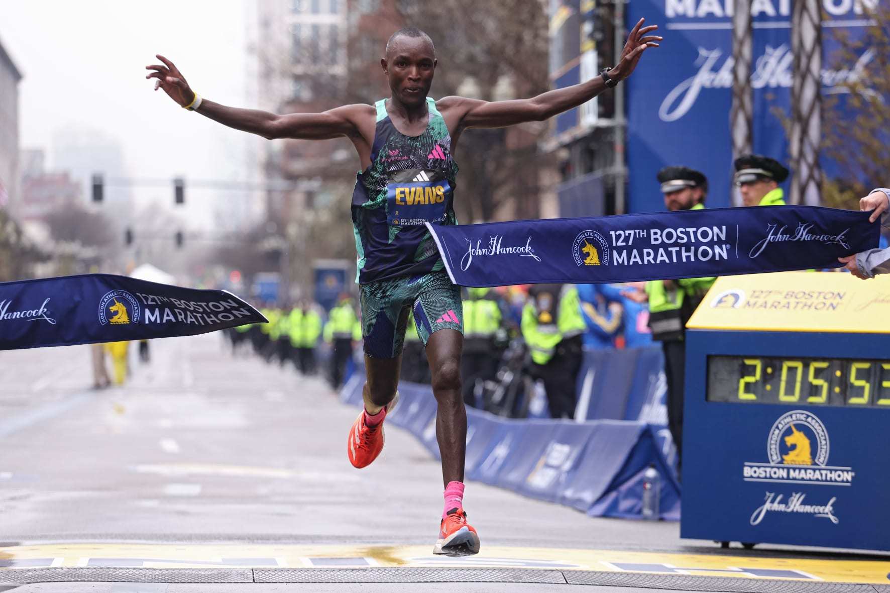 BOSTON, MASSACHUSETTS - APRIL 17: Evans Chebet of Kenya crosses the finish line and takes first place in the professional Men's Division during the 127th Boston Marathon on April 17, 2023 in Boston, Massachusetts. (Photo by Maddie Meyer/Getty Images)
