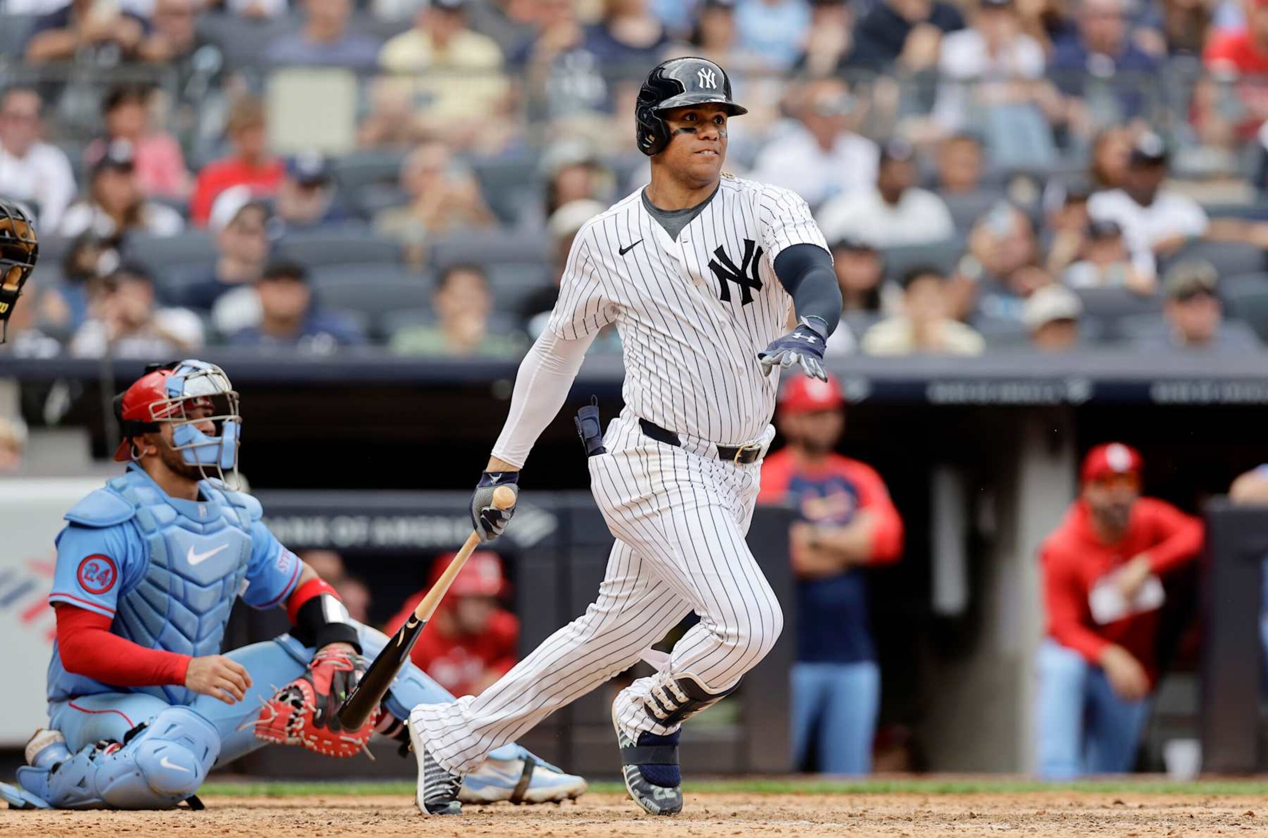 NEW YORK, NEW YORK - AUGUST 31: Juan Soto #22 of the New York Yankees follows through on his ninth inning double against the St. Louis Cardinals at Yankee Stadium on August 31, 2024 in New York City. (Photo by Jim McIsaac/Getty Images)