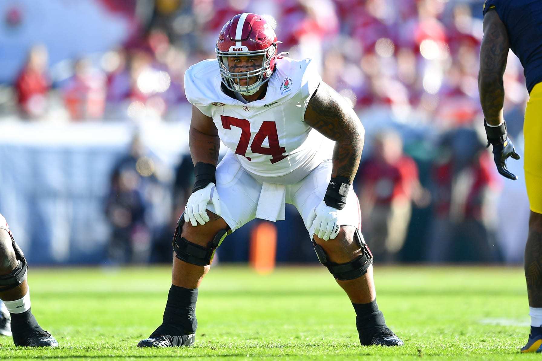 PASADENA, CA - JANUARY 01: OL Kadyn Proctor (74) of the Alabama Crimson Tide looks on during the Alabama Crimson Tide game versus the Michigan Wolverines CFP Semifinal at the Rose Bowl Game on January, 1, 2024, at the Rose Bowl Stadium in Pasadena, CA. (Photo by Brian Rothmuller/Icon Sportswire via Getty Images)
