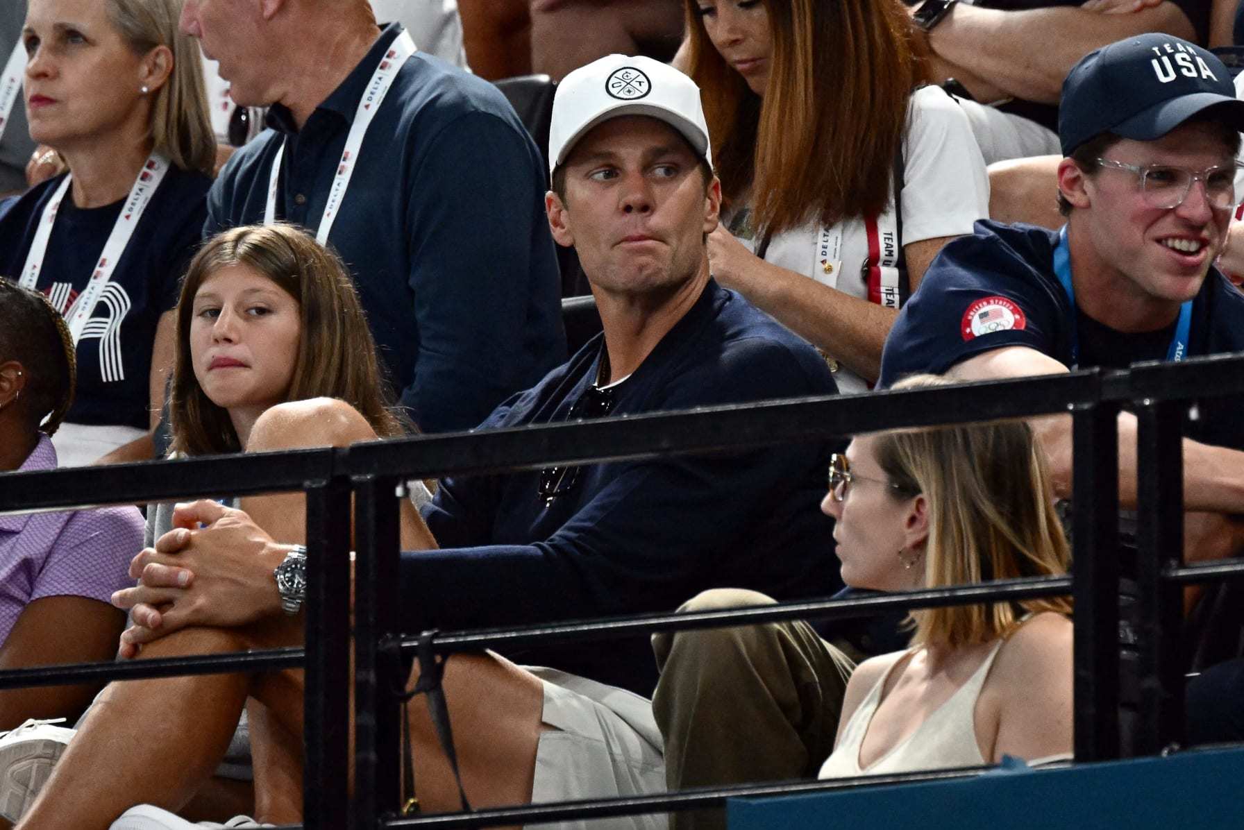 US former football quarterback Tom Brady attends the artistic gymnastics men's horizontal bar final during the Paris 2024 Olympic Games at the Bercy Arena in Paris, on August 5, 2024. (Photo by Loic VENANCE / AFP) (Photo by LOIC VENANCE/AFP via Getty Images)