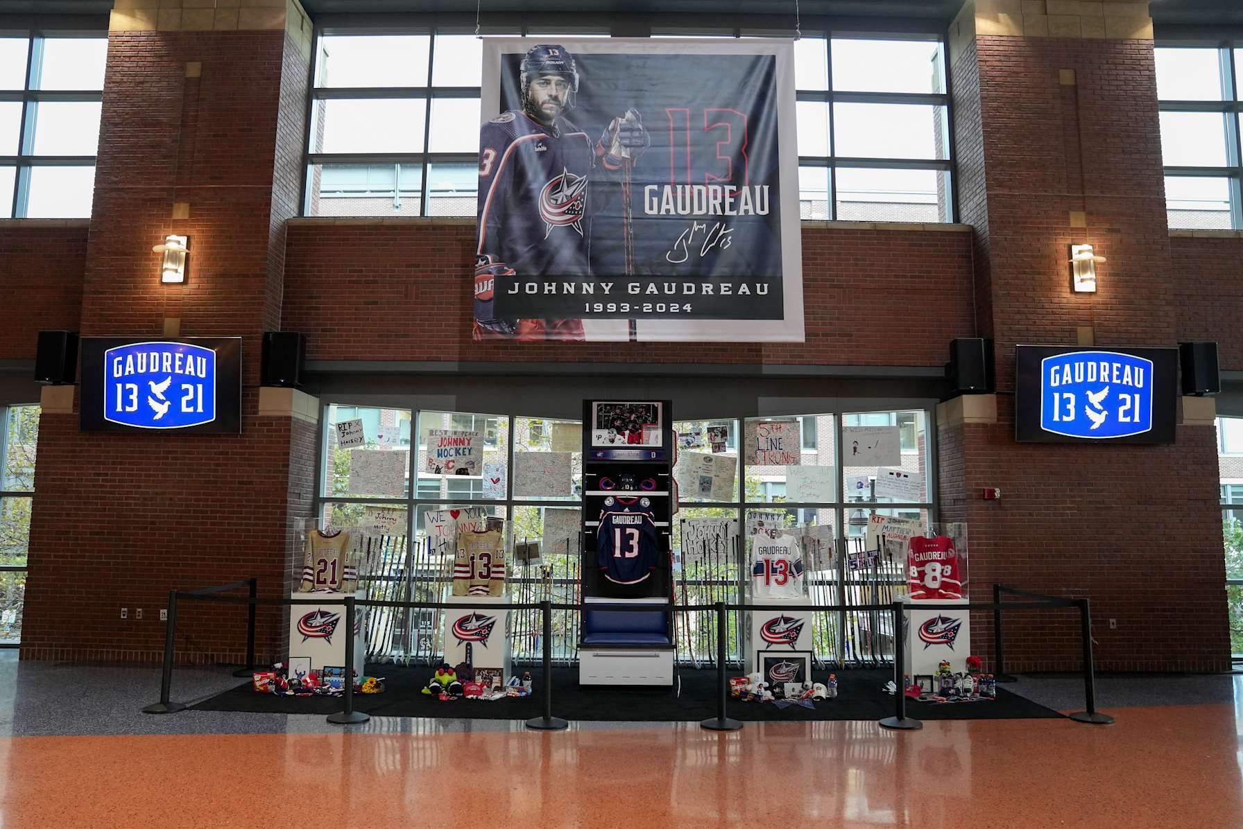COLUMBUS, OHIO - OCTOBER 15: A memorial on honor of Johnny Gaudreau on display before the game between the Columbus Blue Jackets and the Florida Panthers at Nationwide Arena on October 15, 2024 in Columbus, Ohio. (Photo by Jason Mowry/Getty Images)
