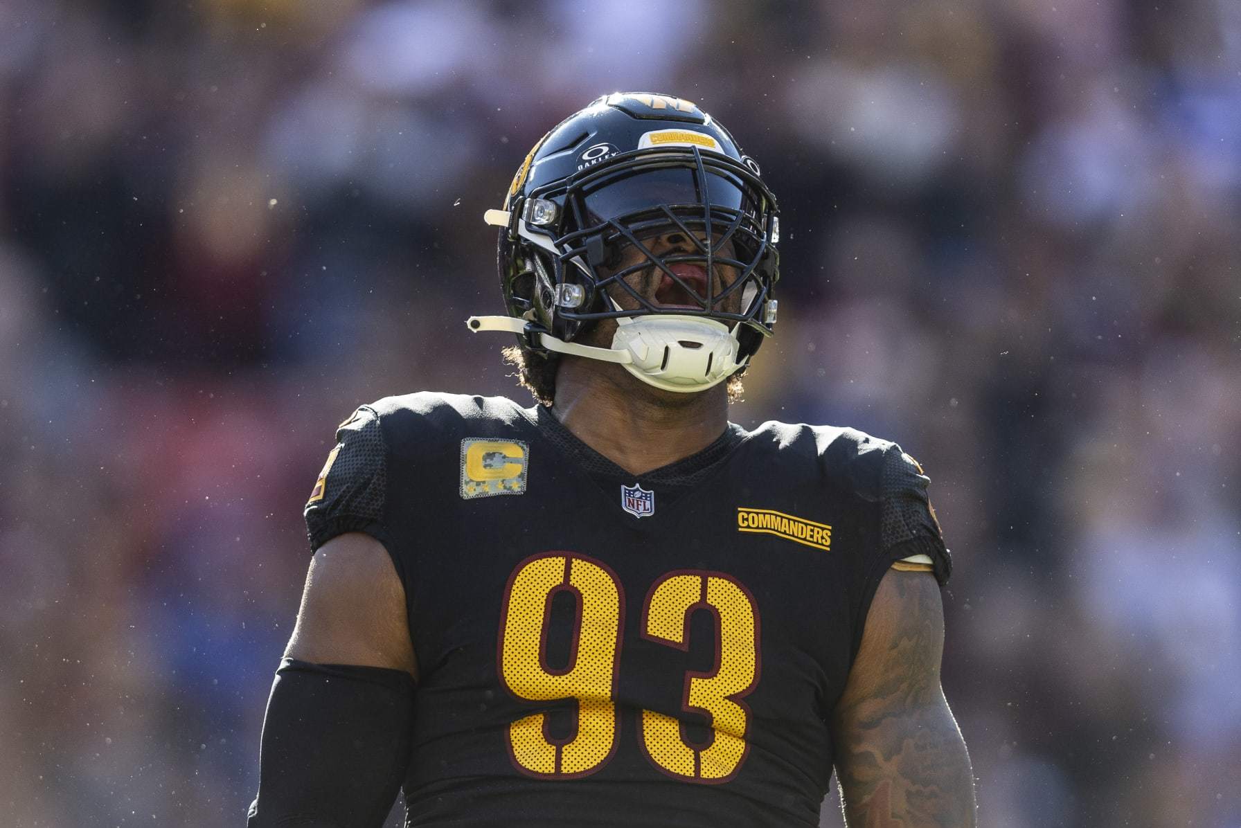LANDOVER, MARYLAND - NOVEMBER 19: Jonathan Allen #93 of the Washington Commanders celebrates after making a sack during an NFL football game between the Washington Commanders and the New York Giants at FedExField on November 19, 2023 in Landover, Maryland. (Photo by Michael Owens/Getty Images)