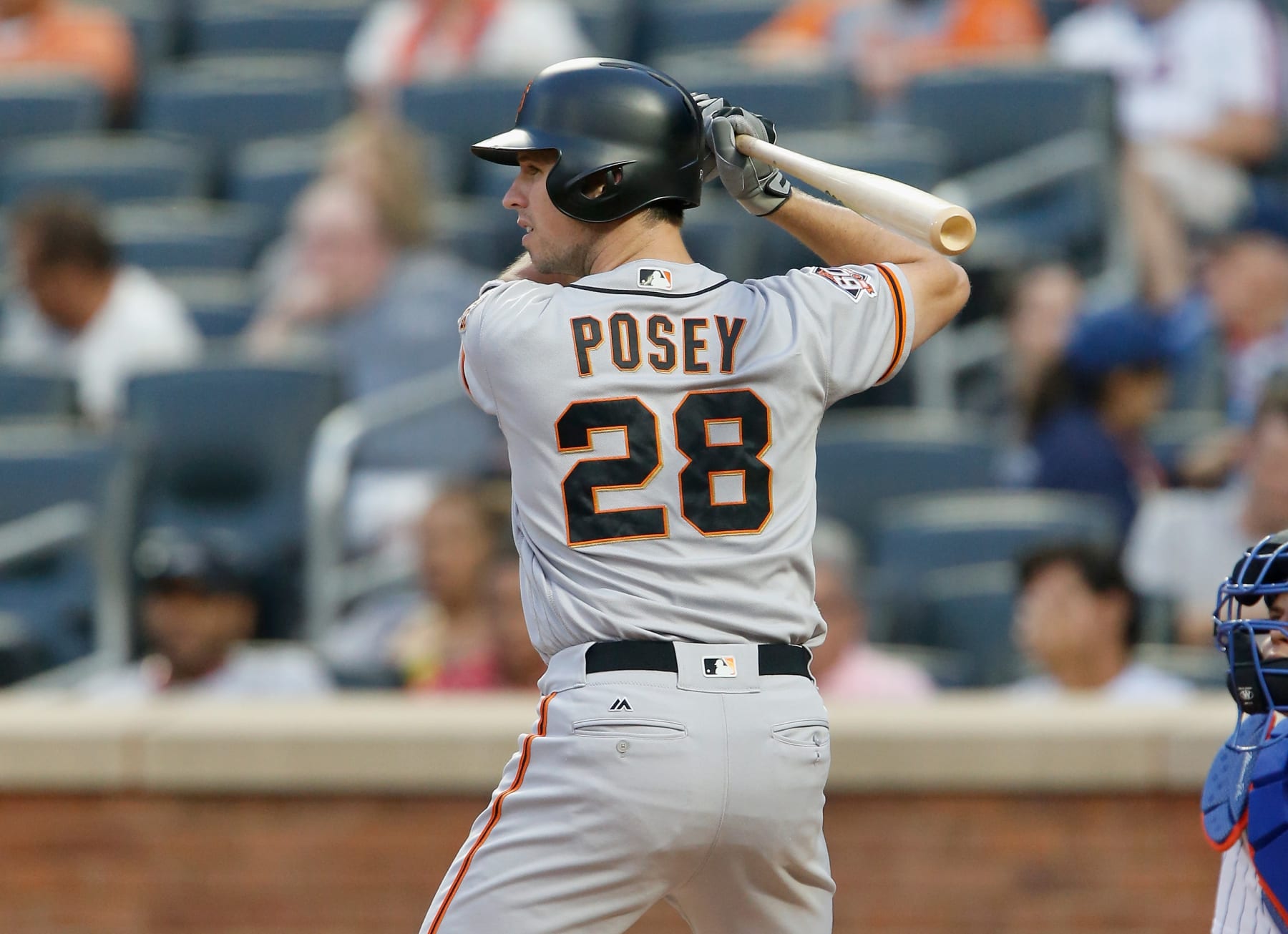 NEW YORK, NY - AUGUST 20:  (NEW YORK DAILIES OUT)   Buster Posey #28 of the San Francisco Giants in action against the New York Mets at Citi Field on August 20, 2018 in the Flushing neighborhood of the Queens borough of New York City. The Giants defeated the Mets 2-1 after 13 innings.  (Photo by Jim McIsaac/Getty Images)