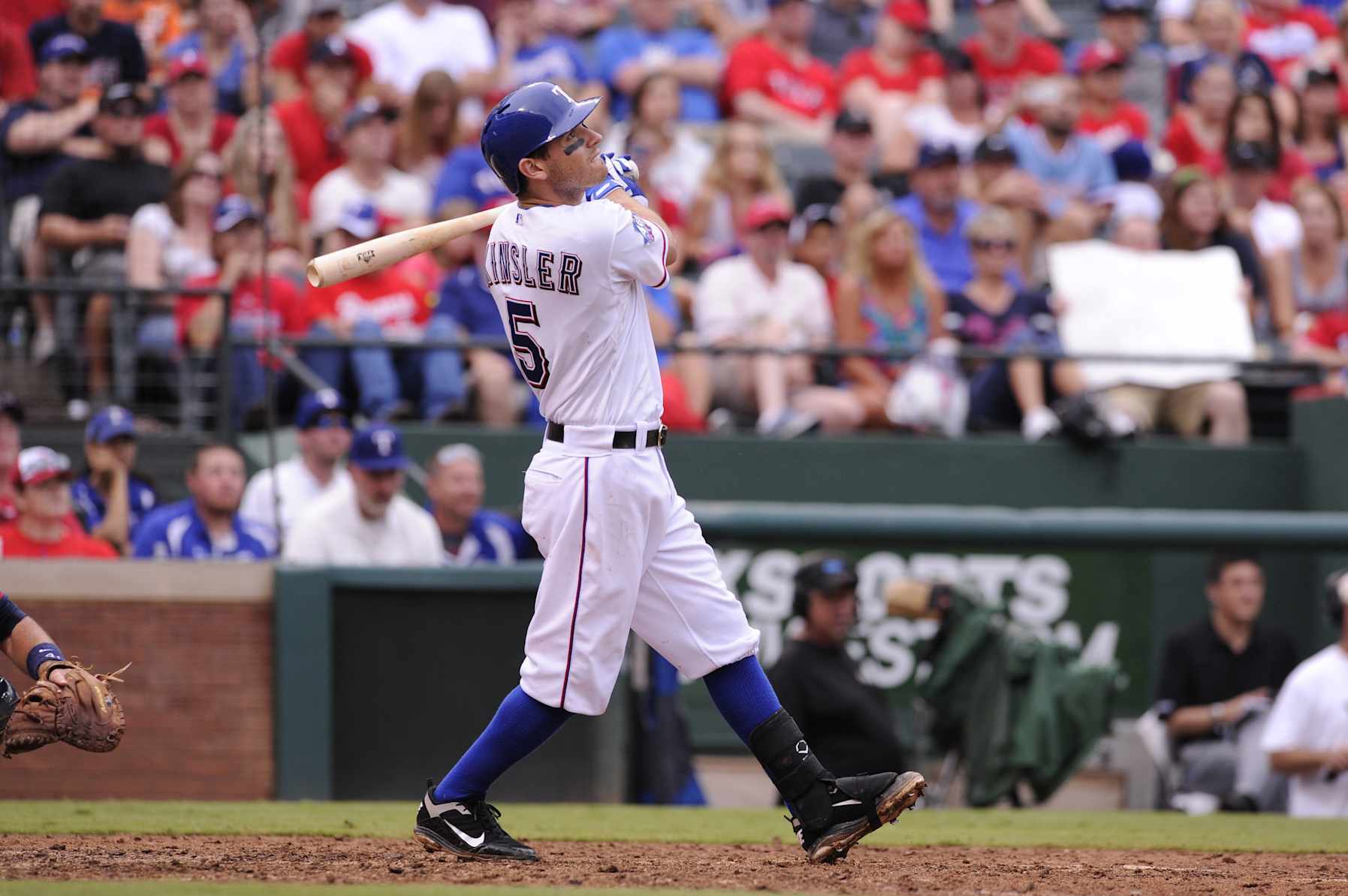 ARLINGTON, TX - AUGUST 26: Ian Kinsler #5 of the Texas Rangers bats against the Minnesota Twins at Rangers Ballpark on August 26, 2012 in Arlington, Texas. The Minnesota Twins defeated the Texas Rangers 6-5. (Photo by John Williamson/MLB Photos via Getty Images)