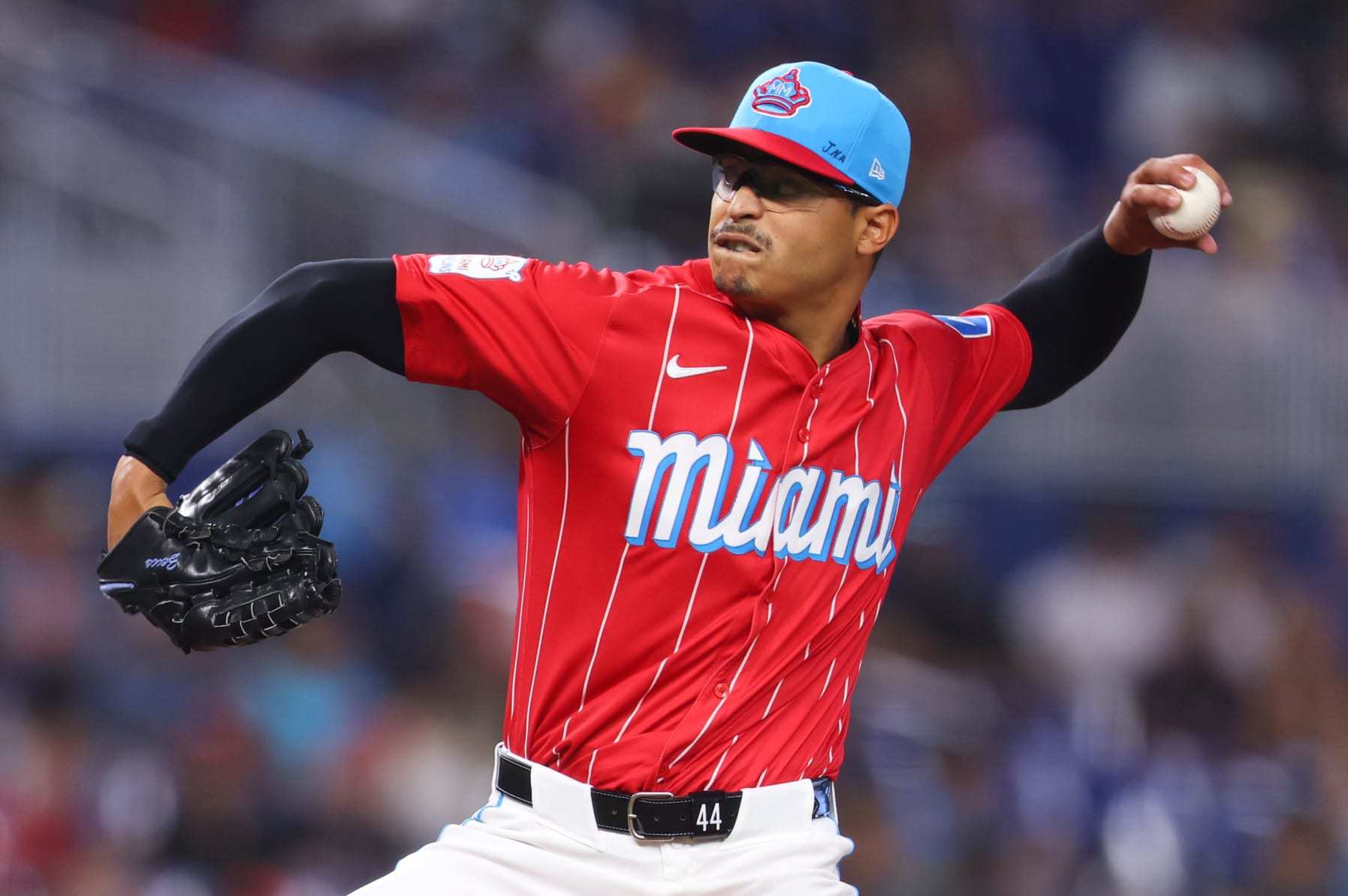 MIAMI, FLORIDA - MAY 11: Jesus Luzardo #44 of the Miami Marlins pitches against the Philadelphia Phillies during the second inning of the game at loanDepot park on May 11, 2024 in Miami, Florida. (Photo by Megan Briggs/Getty Images)