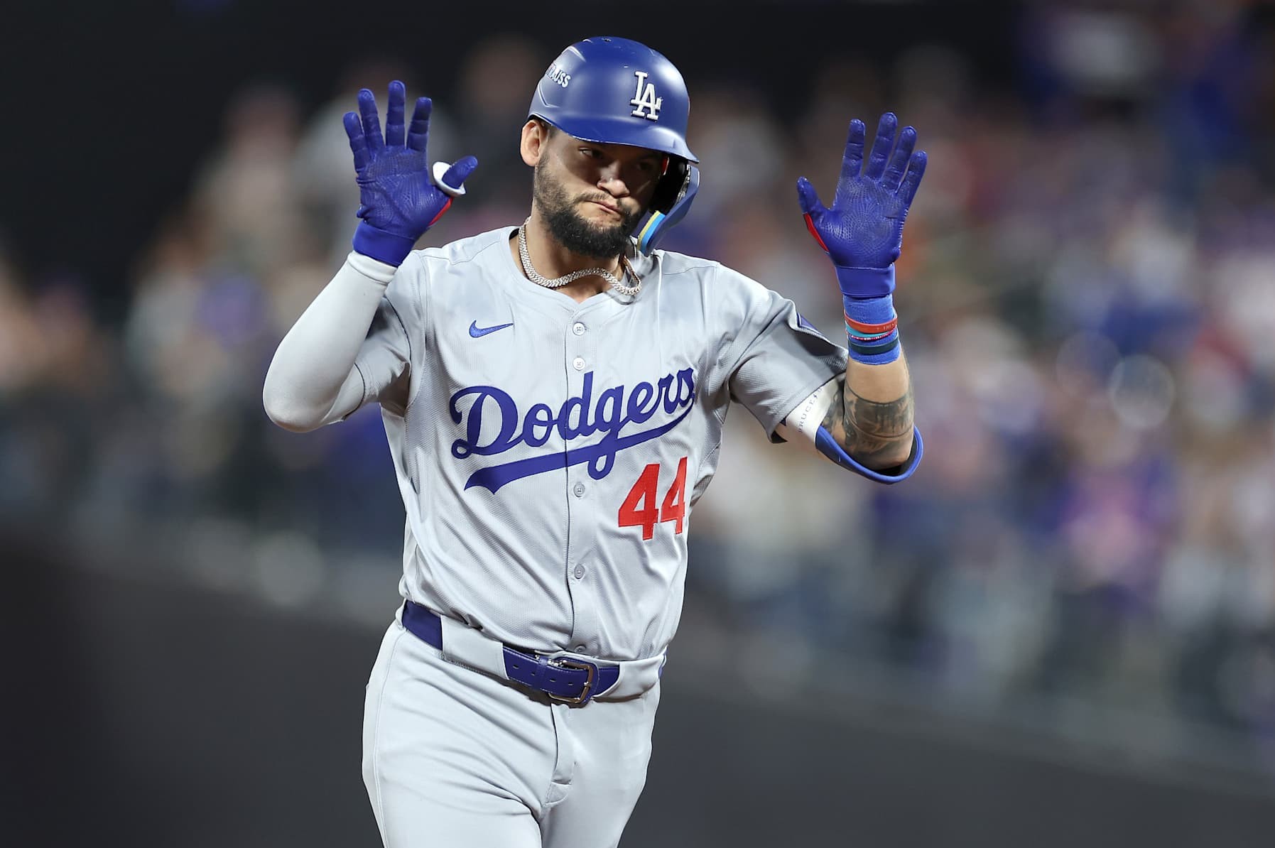 NEW YORK, NEW YORK - OCTOBER 18: Andy Pages #44 of the Los Angeles Dodgers rounds the bases after hitting a home run in the fourth inning during Game Five of the National League Championship Series at Citi Field on October 18, 2024 in New York City. (Photo by Sarah Stier/Getty Images)