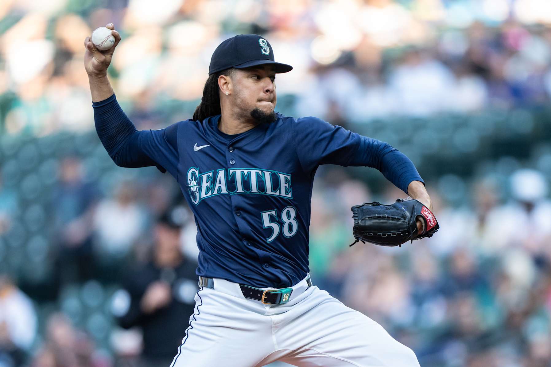 SEATTLE, WA - AUGUST 06: Starter Luis Castillo #58 of the Seattle Mariners pitches in the first inning against the Detroit Tigers at T-Mobile Park on August 6, 2024 in Seattle, Washington. (Photo by Stephen Brashear/Getty Images)