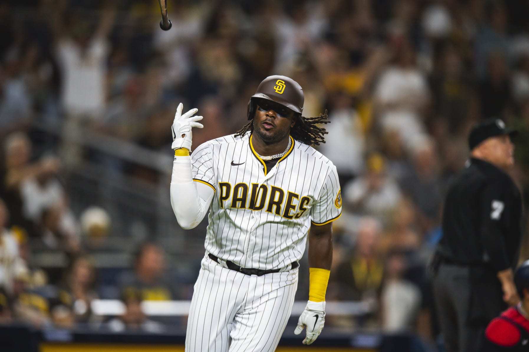 SAN DIEGO, CA - AUGUST 20: Josh Bell #24 of the San Diego Padres hits a home run in the fifth inning against the Washington Nationals at the PETCO Park on August 20, 2022 in San Diego, California. (Photo by Matt Thomas/San Diego Padres/Getty Images)
