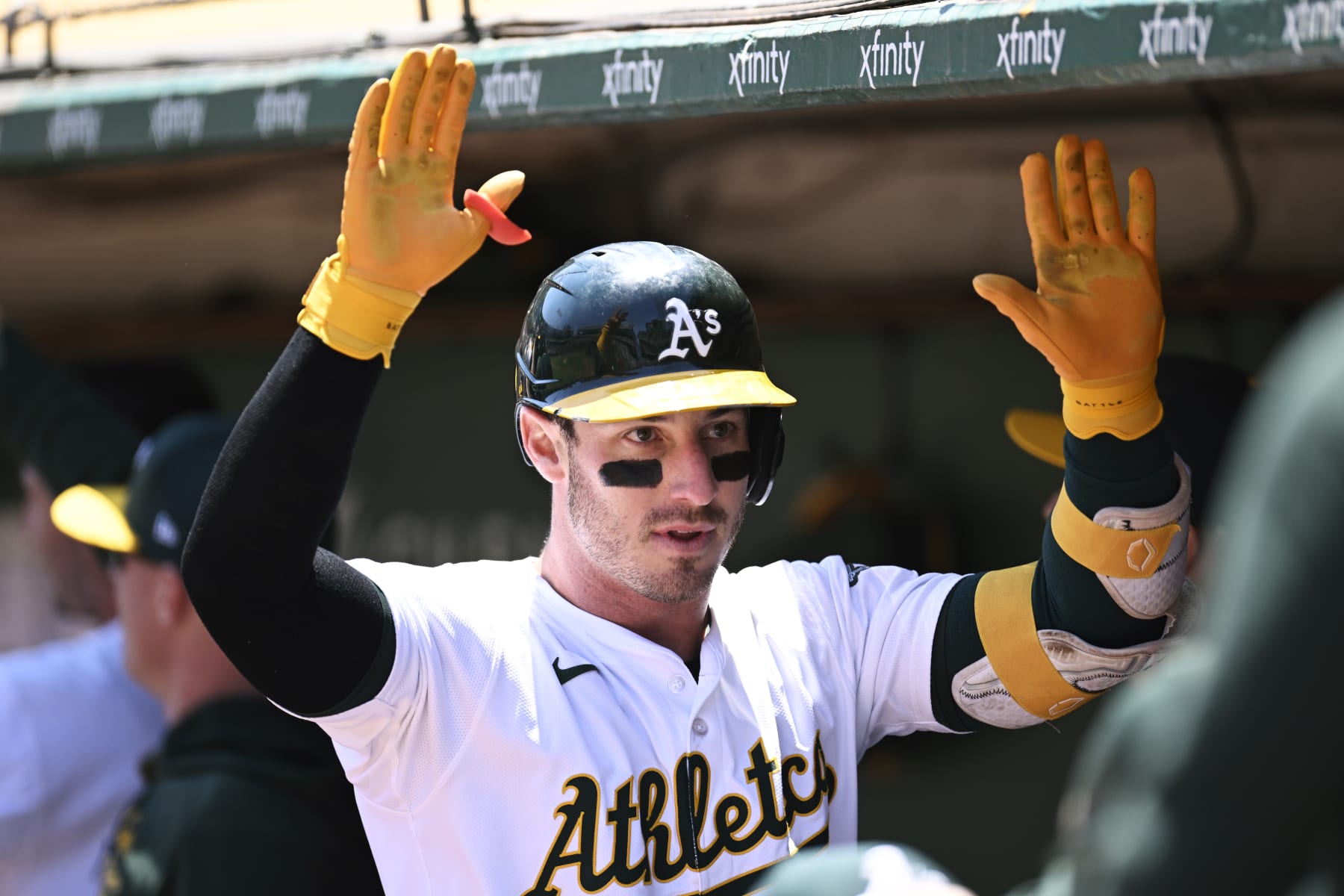 OAKLAND, CALIFORNIA - JULY 20: Brent Rooker #25 of the Oakland Athletics celebrates after his three-run home run against the Los Angeles Angels in the first inning at Oakland Coliseum on July 20, 2024 in Oakland, California. (Photo by Eakin Howard/Getty Images)