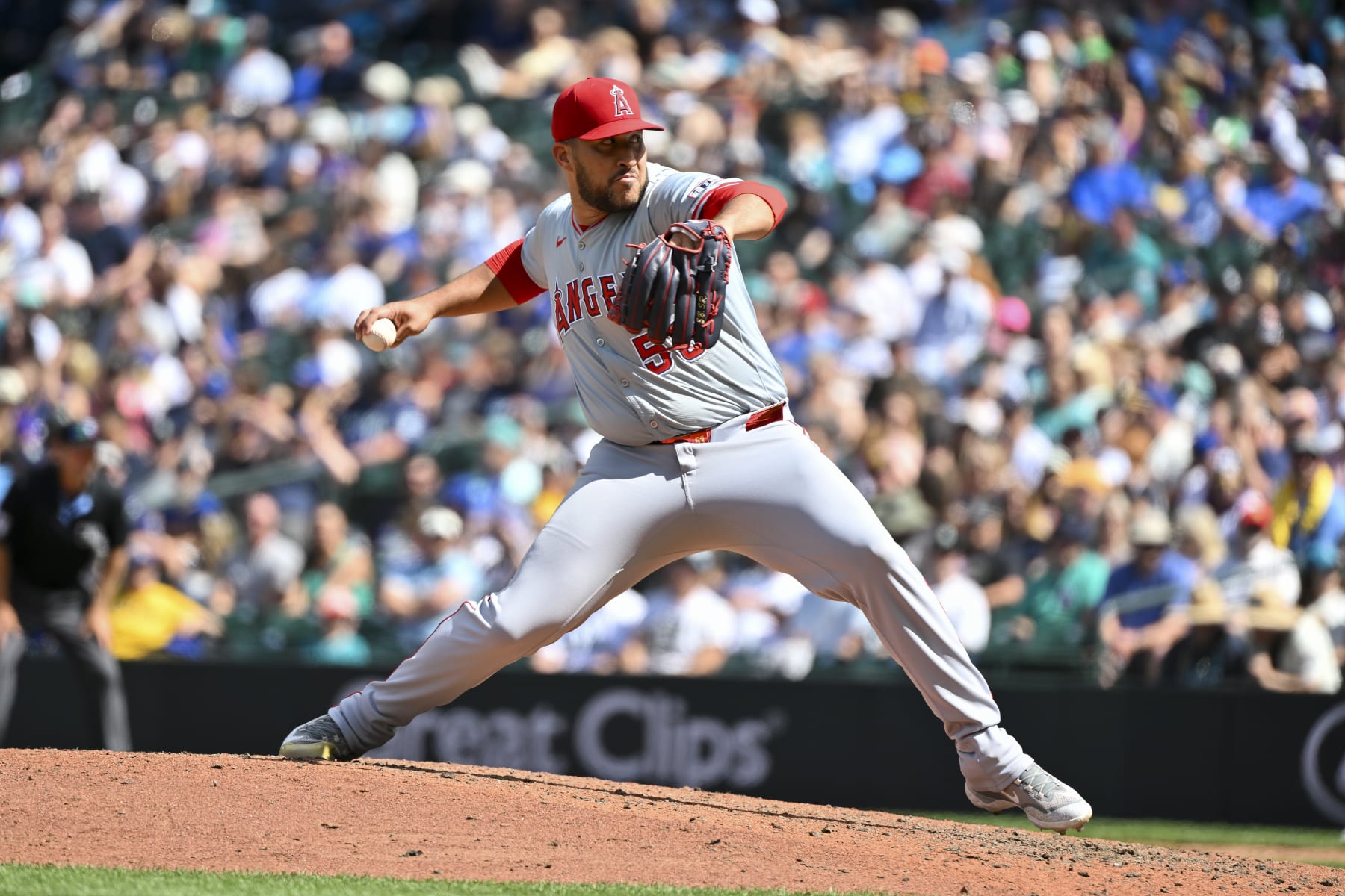 SEATTLE, WASHINGTON - JULY 24: Carlos Estevez #53 of the Los Angeles Angels throws a pitch during the ninth inning against the Seattle Mariners at T-Mobile Park on July 24, 2024 in Seattle, Washington. The Los Angeles Angels won 2-1. (Photo by Alika Jenner/Getty Images)