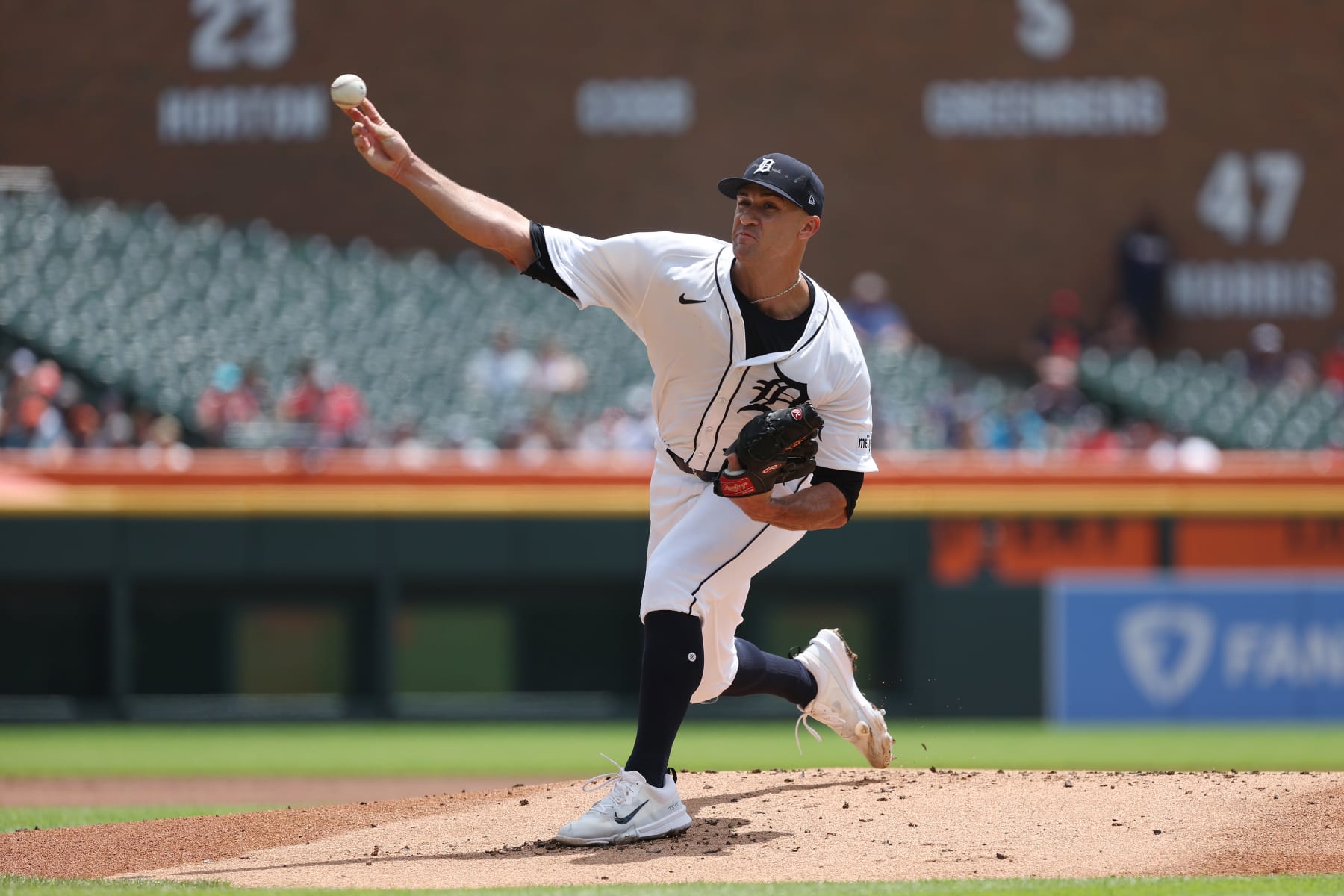 DETROIT, MICHIGAN - JULY 11: Jack Flaherty #9 of the Detroit Tigers throws a first inning pitch against the Cleveland Guardians at Comerica Park on July 11, 2024 in Detroit, Michigan. (Photo by Gregory Shamus/Getty Images)