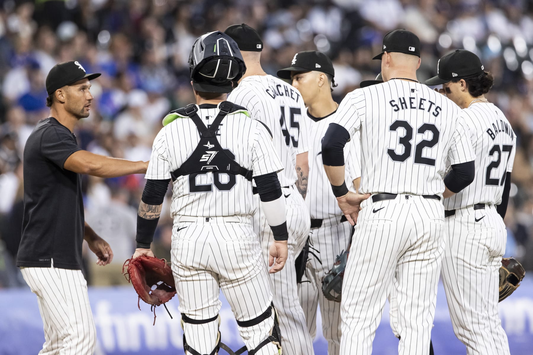 CHICAGO, ILLINOIS - AUGUST 09: Chicago White Sox Interim Manager Grady Sizemore visits the mound in the third inning against the Chicago Cubs at Guaranteed Rate Field on August 09, 2024 in Chicago, Illinois. (Photo by Griffin Quinn/Getty Images)