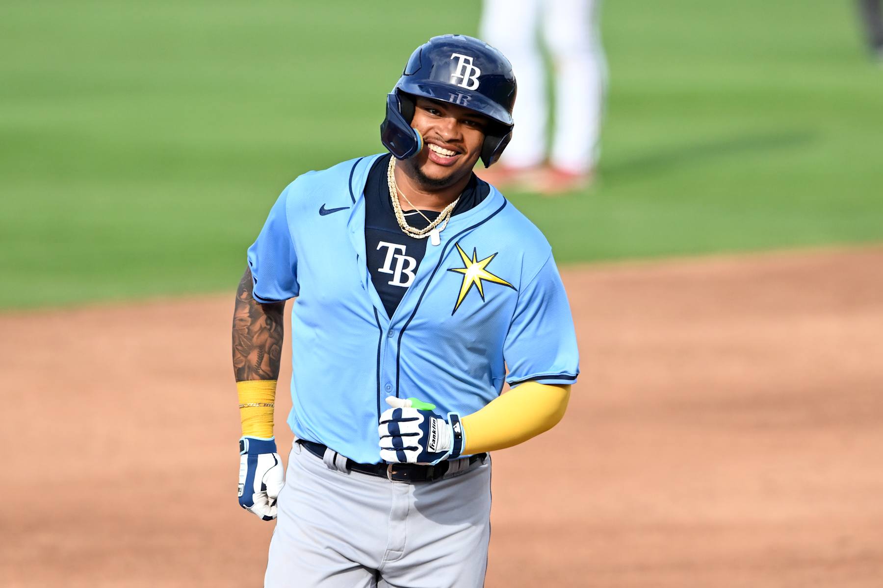 FORT MYERS, FLORIDA - MARCH 16, 2024: Xavier Isaac #23 of the Tampa Bay Rays runs the bases after hitting a solo home run during the fourth inning of a spring training Spring Breakout game against the Minnesota Twins at Hammond Stadium on March 16, 2024 in Fort Myers, Florida. (Photo by Nick Cammett/Diamond Images via Getty Images)