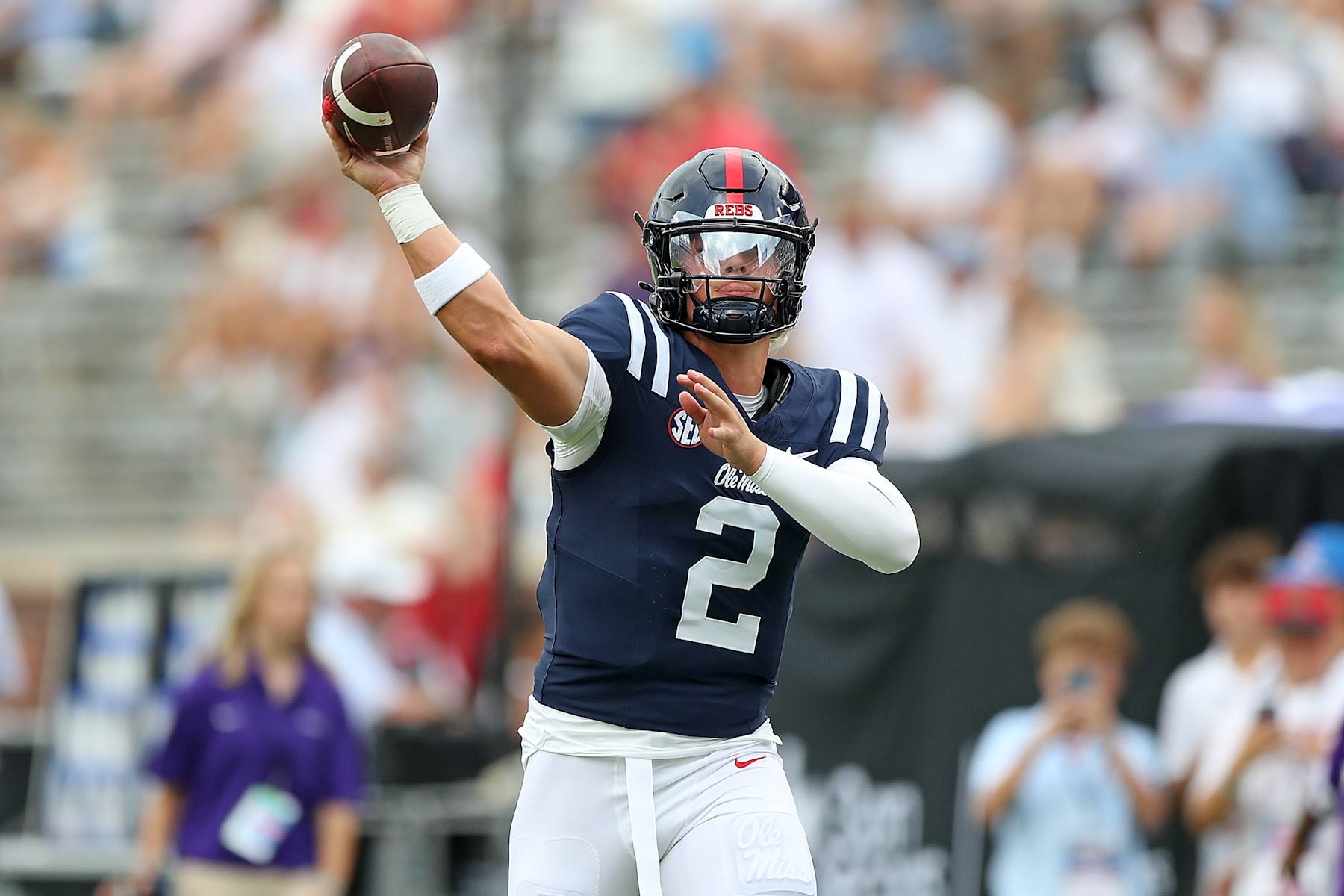 OXFORD, MISSISSIPPI - AUGUST 31: Jaxson Dart #2 of the Mississippi Rebels warms up before the game against the Furman Paladins at Vaught-Hemingway Stadium on August 31, 2024 in Oxford, Mississippi. (Photo by Justin Ford/Getty Images)