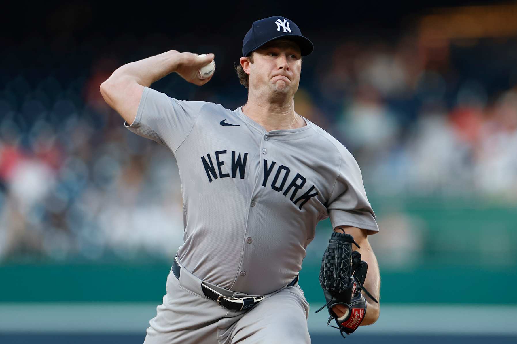 WASHINGTON, DC - AUGUST 27: Gerrit Cole #45 of the New York Yankees throws a pitch in the first inning during a game against the Washington Nationals at Nationals Park on August 27, 2024 in Washington, DC. (Photo by Brandon Sloter/Image Of Sport/Getty Images)