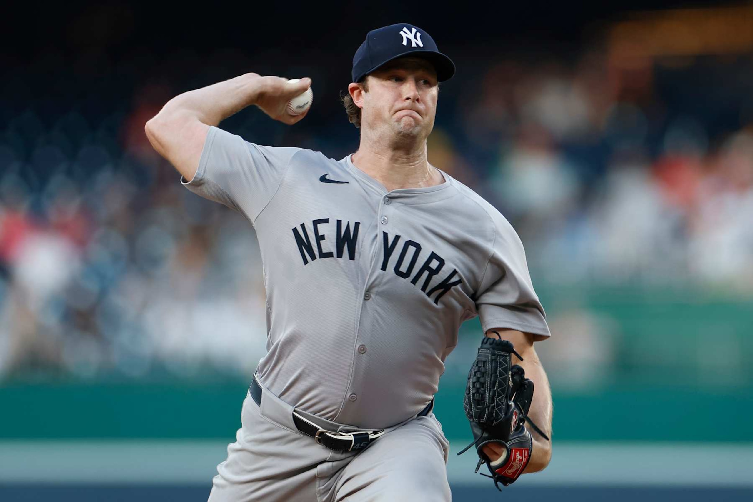 WASHINGTON, DC - AUGUST 27: Gerrit Cole #45 of the New York Yankees throws a pitch in the first inning during a game against the Washington Nationals at Nationals Park on August 27, 2024 in Washington, DC. (Photo by Brandon Sloter/Image Of Sport/Getty Images)