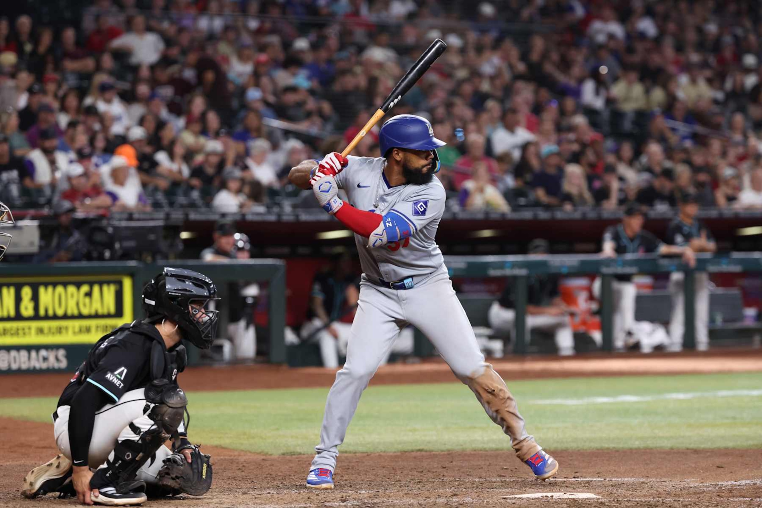 PHOENIX, ARIZONA - SEPTEMBER 02: Teoscar Hernández #37 of the Los Angeles Dodgers bats during the game against the Arizona Diamondbacks at Chase Field on September 02, 2024 in Phoenix, Arizona. The Dodgers defeated the Diamondbacks 11-6. (Photo by Chris Coduto/Getty Images)