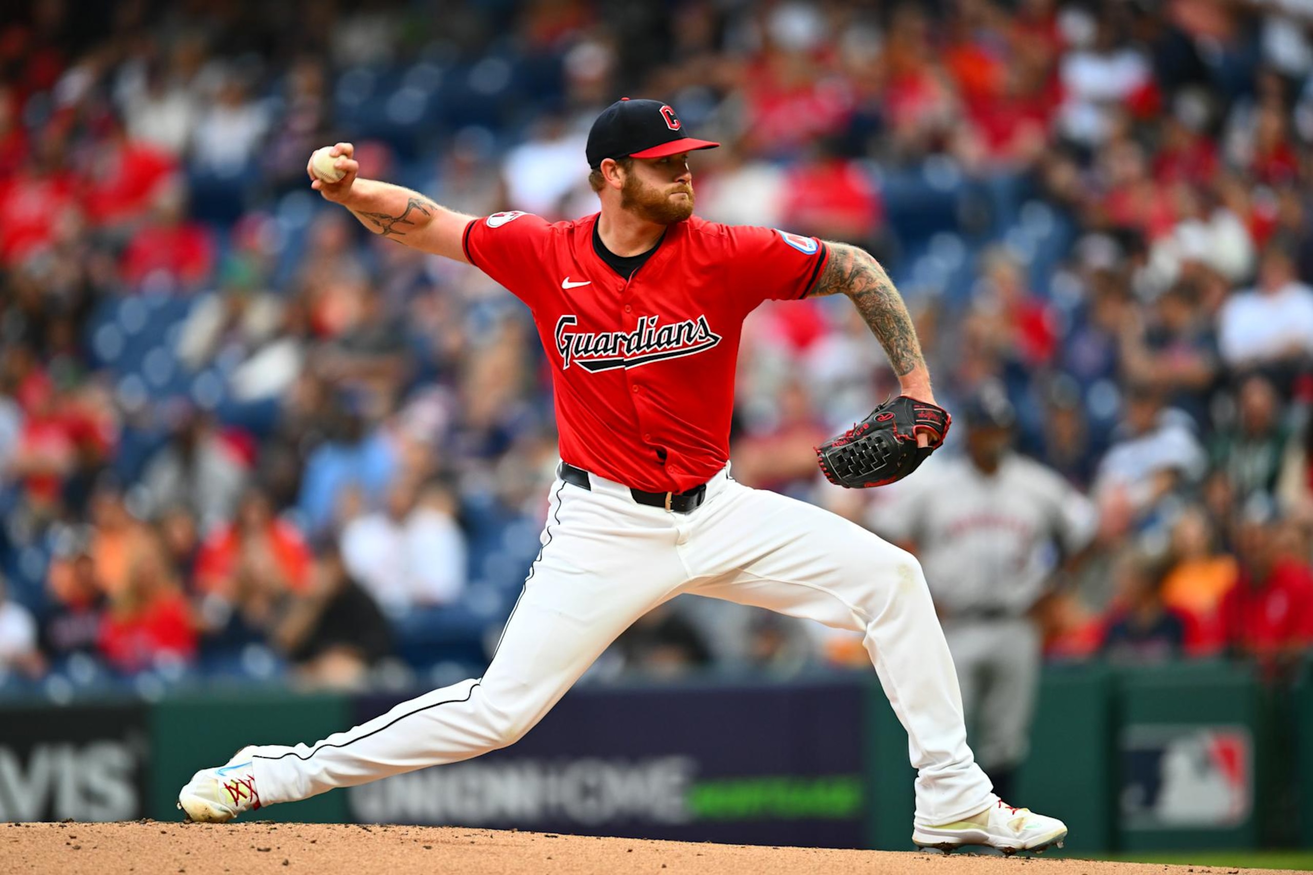 CLEVELAND, OH - SEPTEMBER 28: Ben Lively #39 of the Cleveland Guardians pitches in the first inning during the game between the Houston Astros and the Cleveland Guardians at Progressive Field on Saturday, September 28, 2024 in Cleveland, Ohio. (Photo by Joe Sargent/MLB Photos via Getty Images)