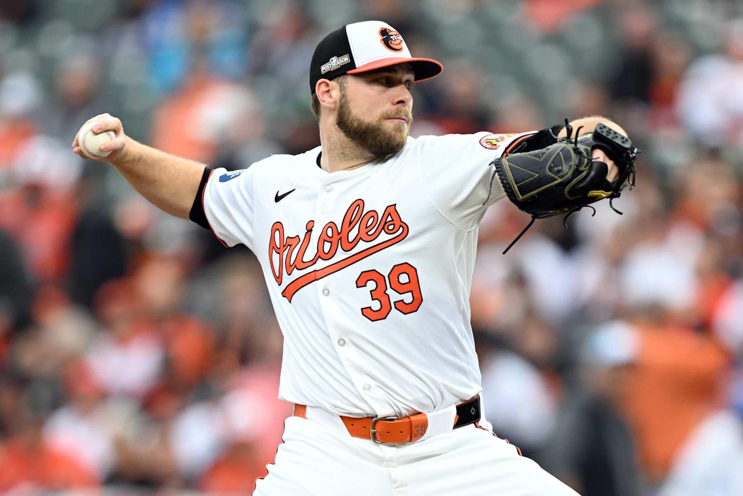 BALTIMORE, MARYLAND - OCTOBER 01: Corbin Burnes #39 of the Baltimore Orioles pitches the ball against the Kansas City Royals during the second inning of Game One of the Wild Card Series at Oriole Park at Camden Yards on October 01, 2024 in Baltimore, Maryland. (Photo by Greg Fiume/Getty Images) BALTIMORE, MARYLAND - OCTOBER 01: Corbin Burnes #39 of the Baltimore Orioles pitches the ball against the Kansas City Royals during the second inning of Game One of the Wild Card Series at Oriole Park at Camden Yards on October 01, 2024 in Baltimore, Maryland. (Photo by Greg Fiume/Getty Images)