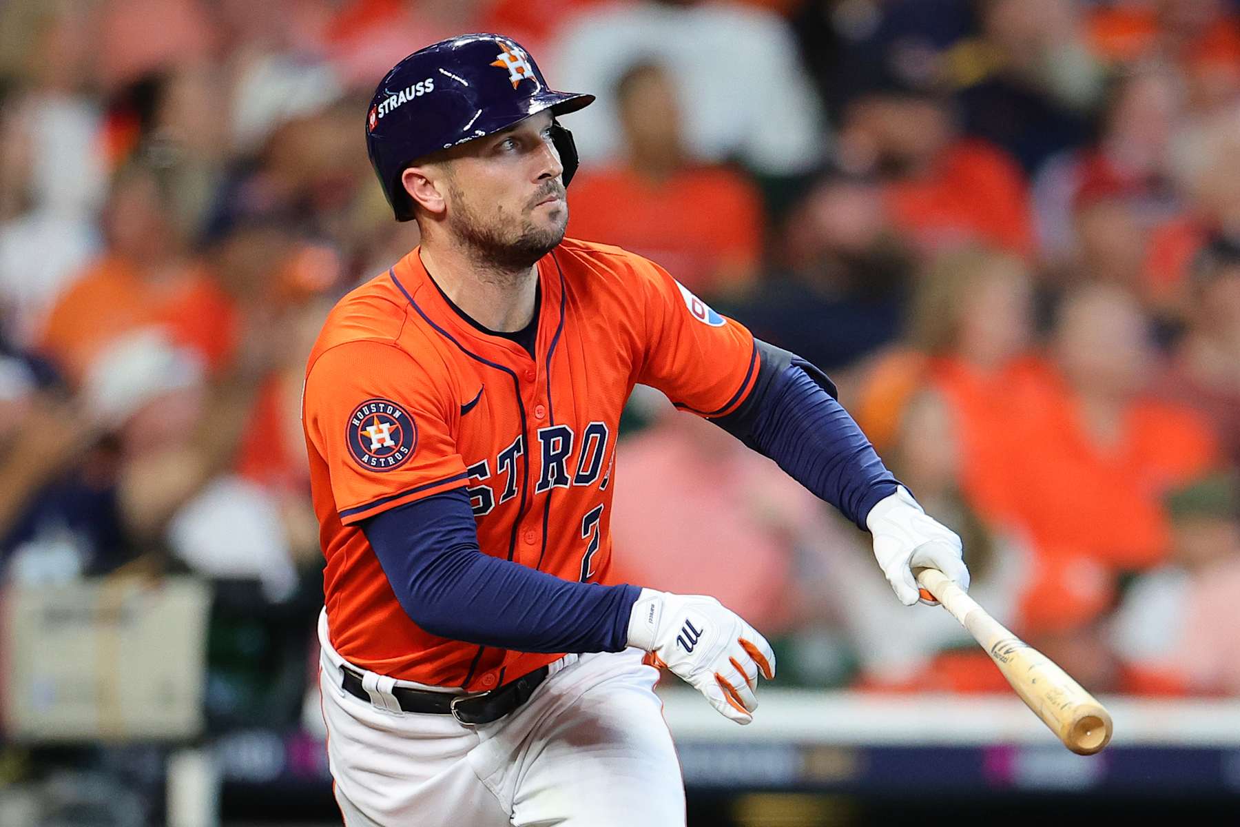 HOUSTON, TEXAS - OCTOBER 02: Alex Bregman #2 of the Houston Astros flies out against the Detroit Tigers in the fourth inning during Game Two of the Wild Card Series at Minute Maid Park on October 02, 2024 in Houston, Texas.  (Photo by Alex Slitz/Getty Images)