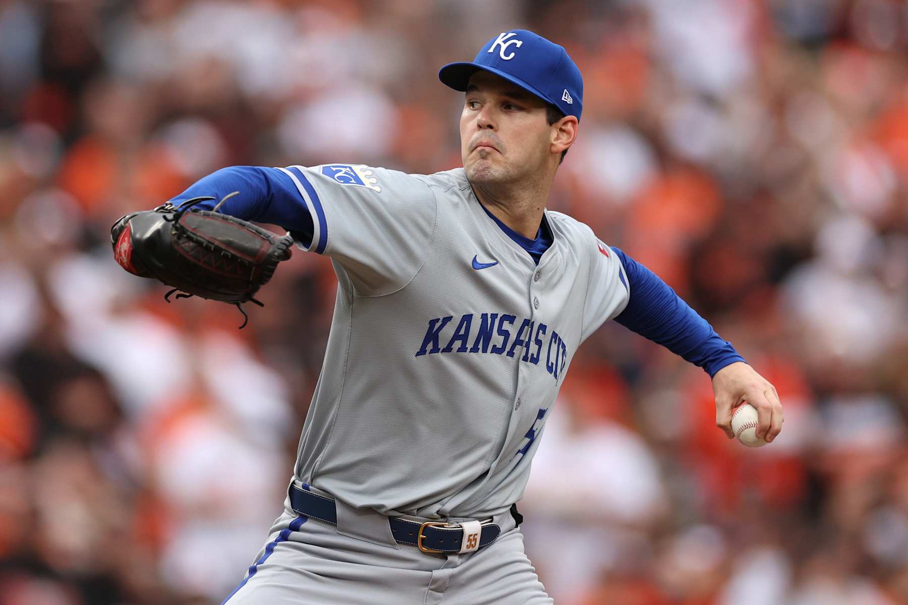 BALTIMORE, MARYLAND - OCTOBER 01: Cole Ragans #55 of the Kansas City Royals pitches the ball against the Baltimore Orioles during the first inning of Game One of the Wild Card Series at Oriole Park at Camden Yards on October 01, 2024 in Baltimore, Maryland. (Photo by Patrick Smith/Getty Images)